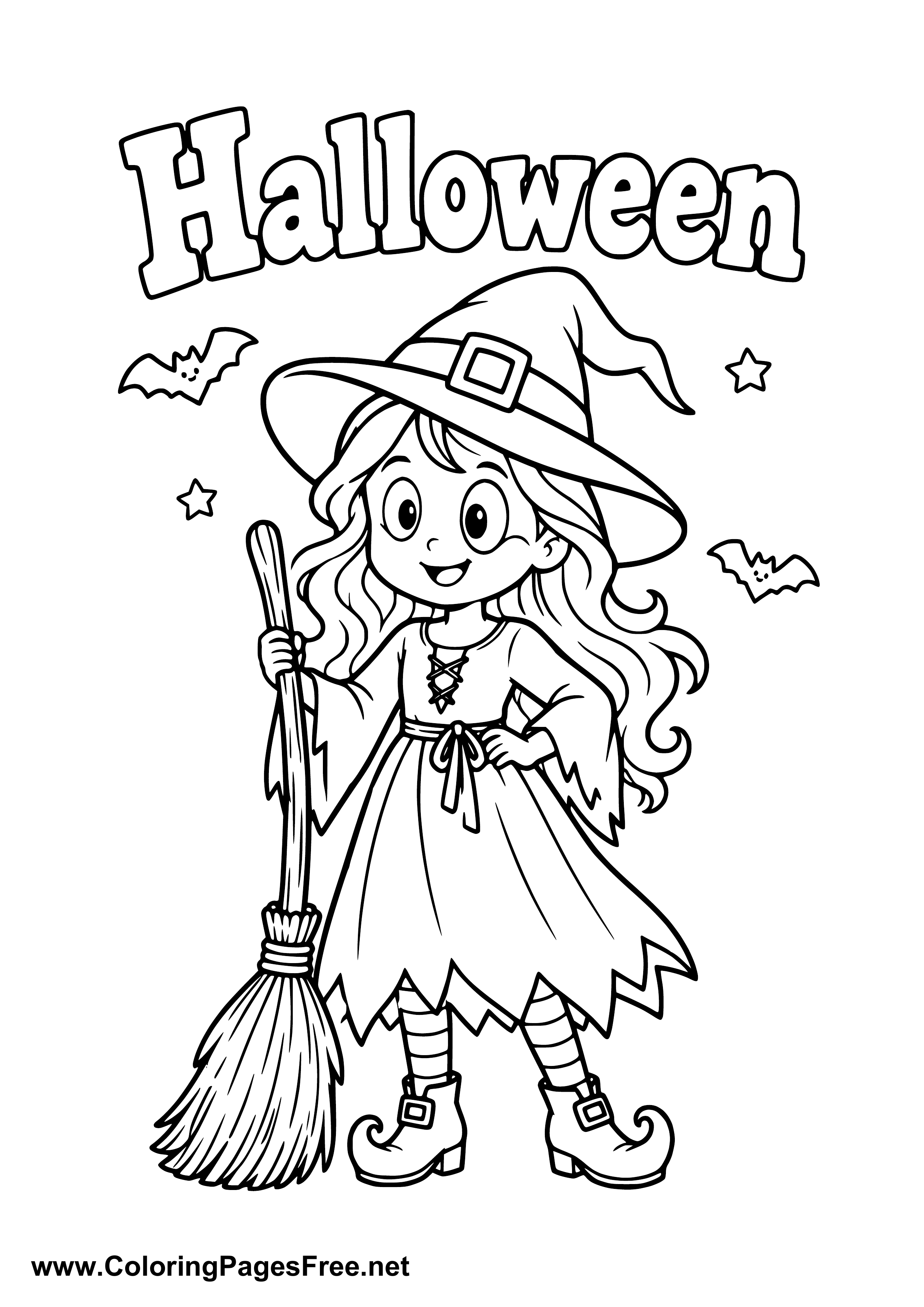 Little Halloween Witch on a Broom Coloring Page