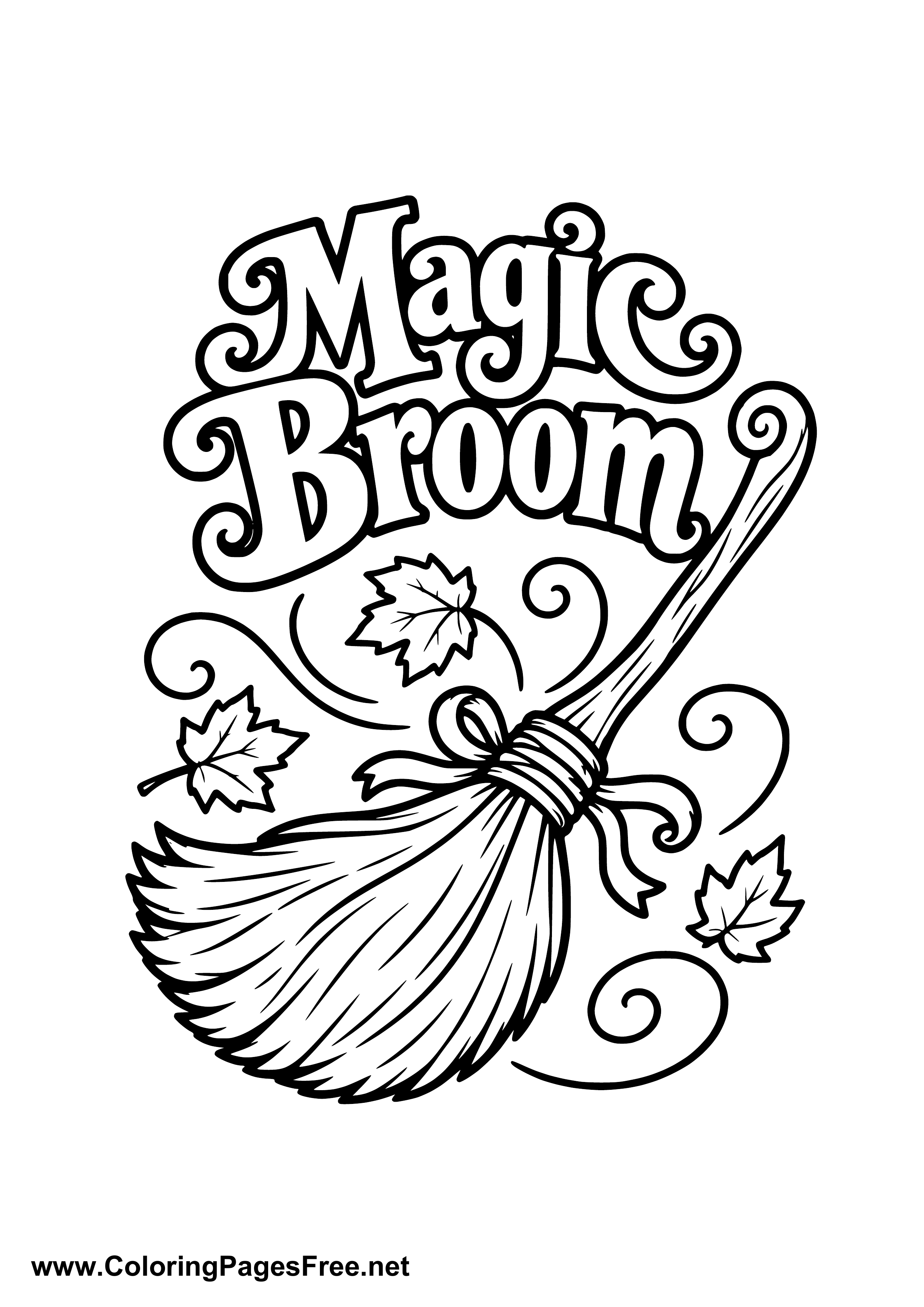 Magic Broom with Flying Leaves Coloring Page