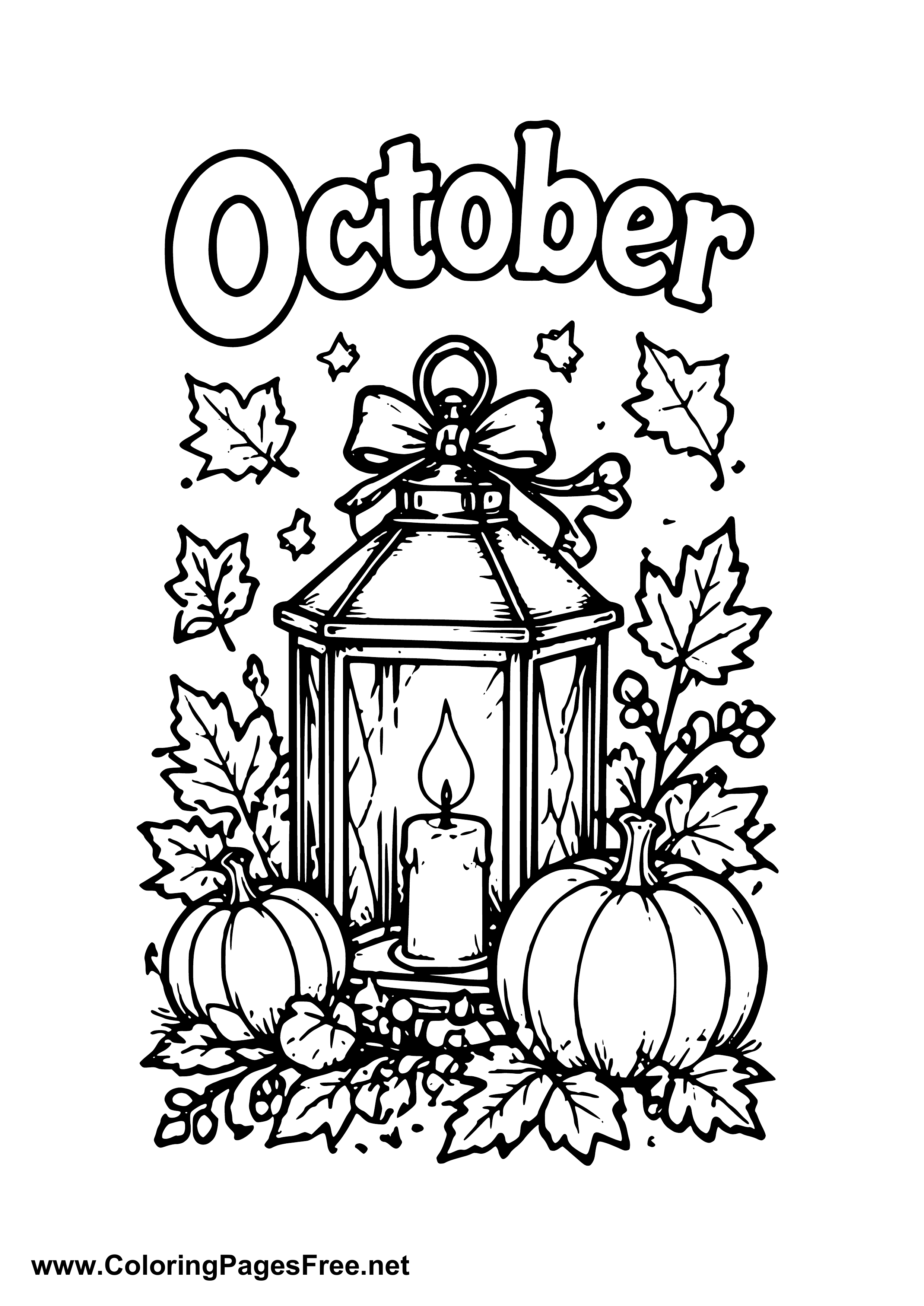 October Candle Lantern with Pumpkins Coloring Page