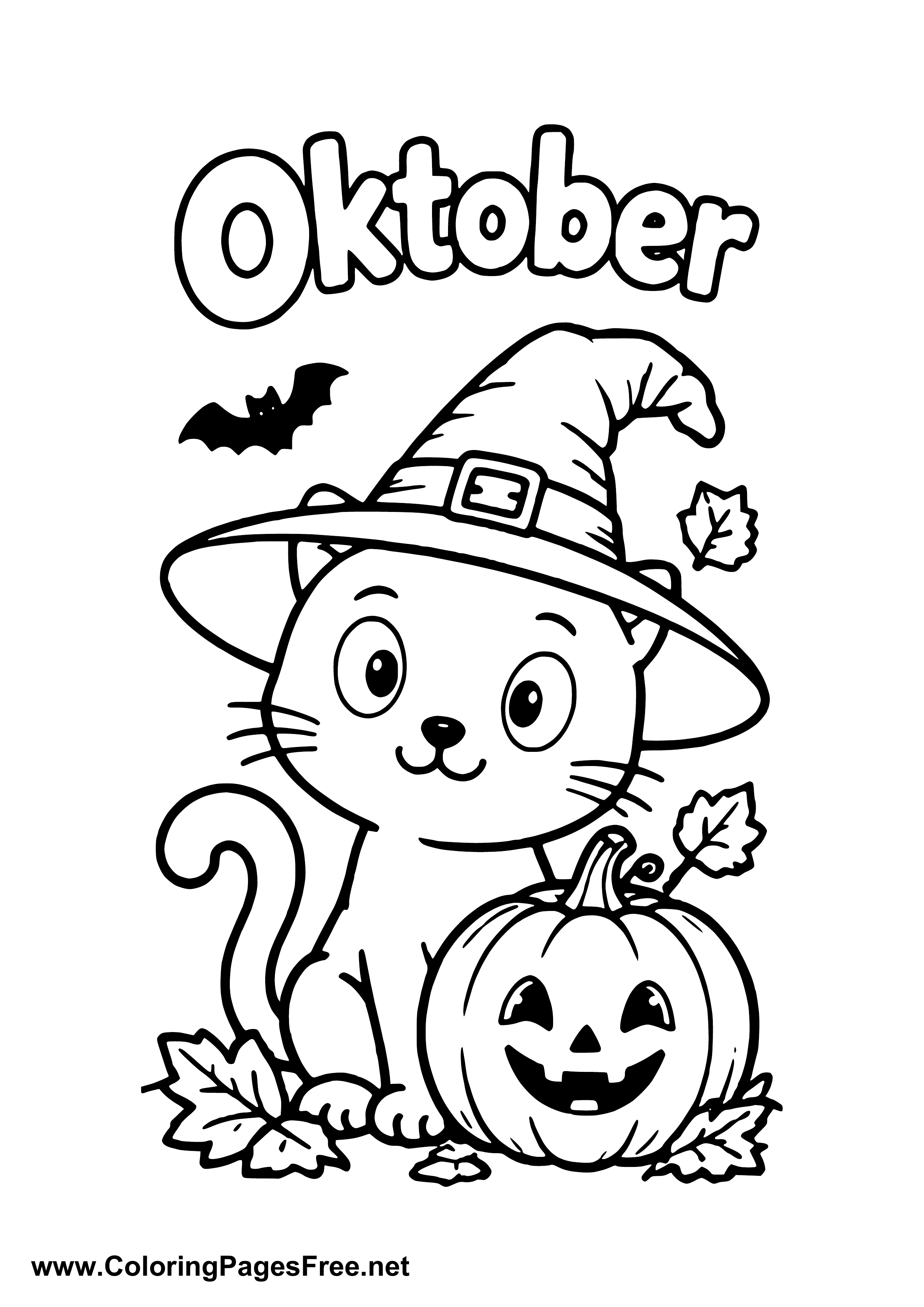 October Cat with Witch Hat and Pumpkin Lantern Coloring Page