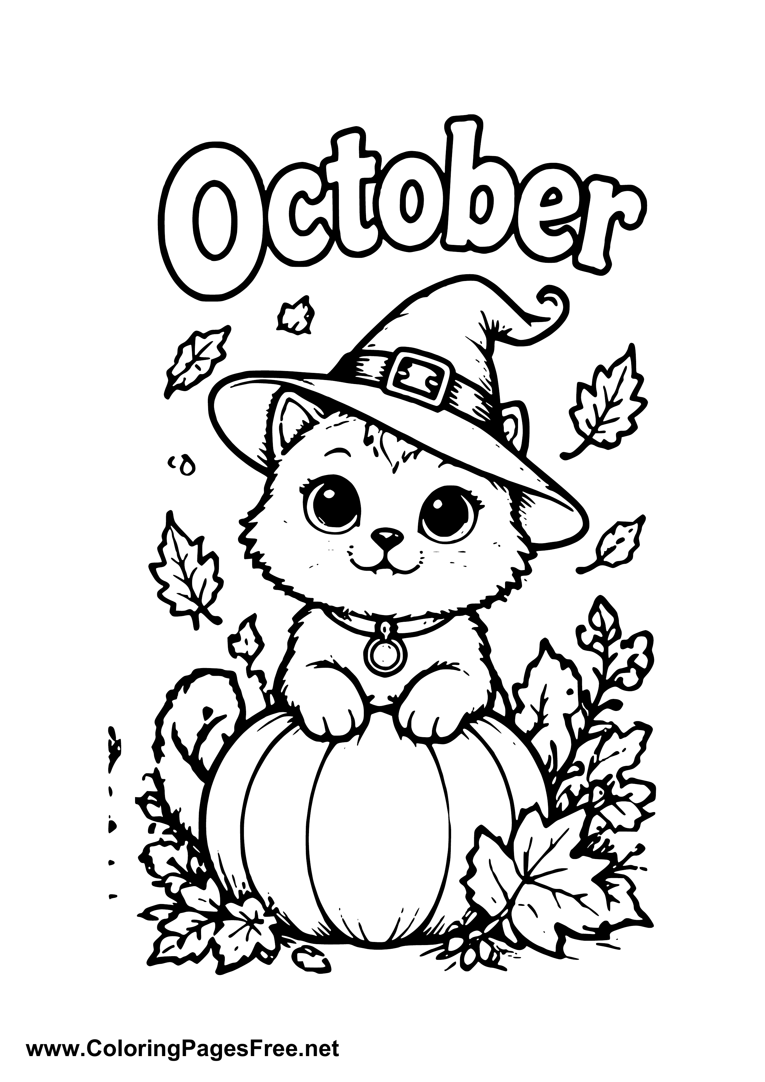 October Cute Cat in a Witch Hat Sitting on a Pumpkin Coloring Page