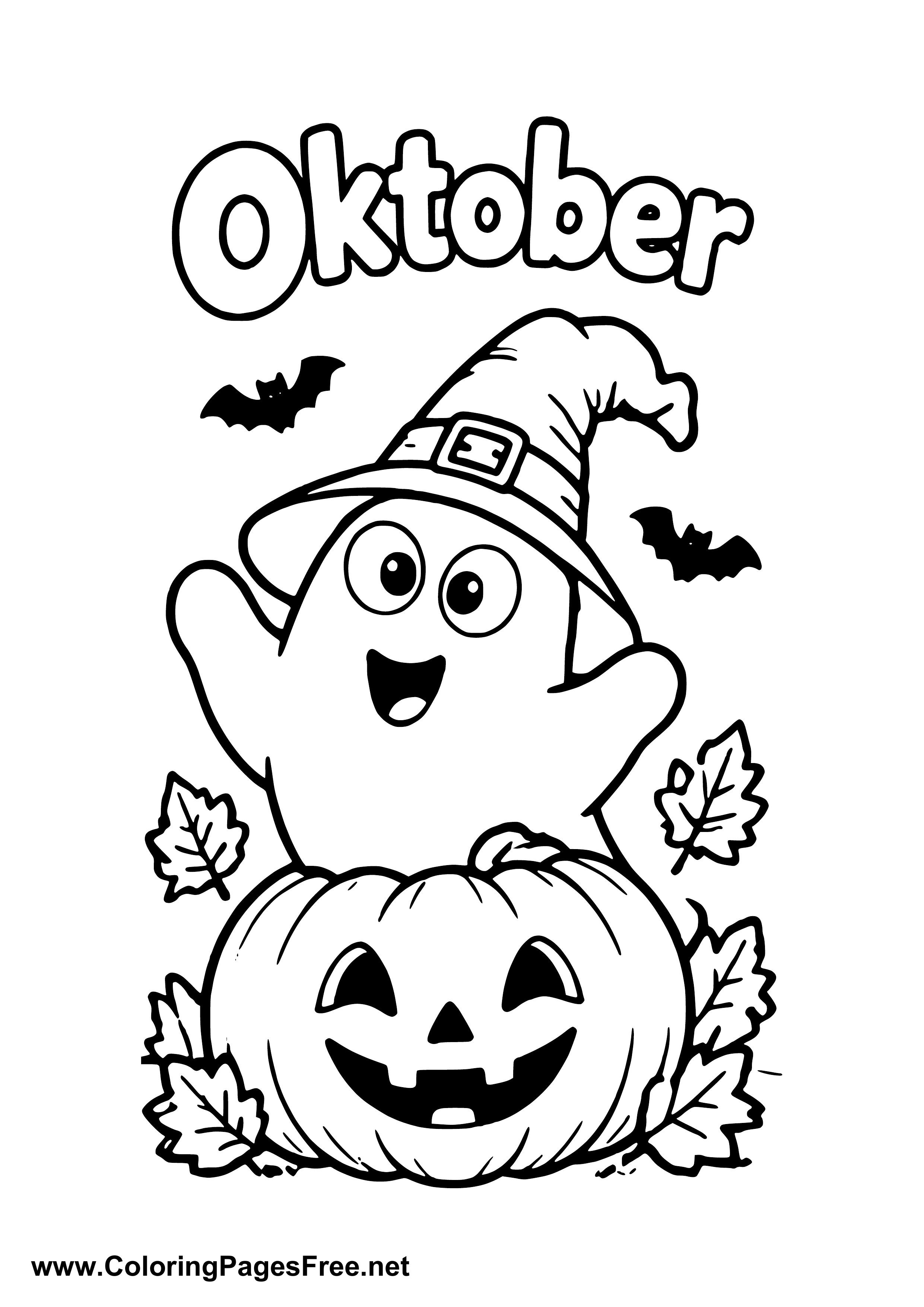 October Ghost on a Smiling Pumpkin Coloring Page
