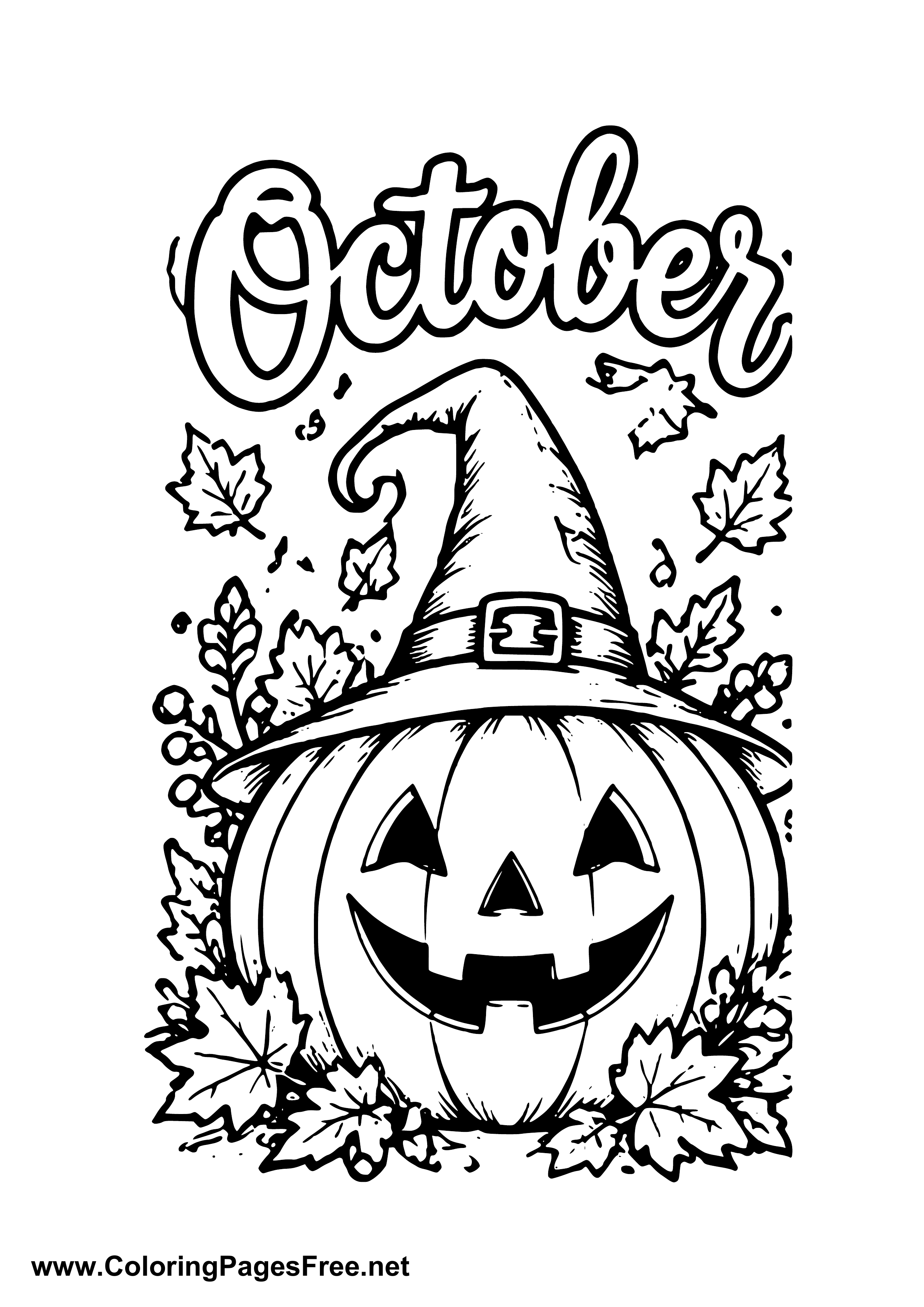 October Halloween Pumpkin with Witch Hat and Leaves Coloring Page