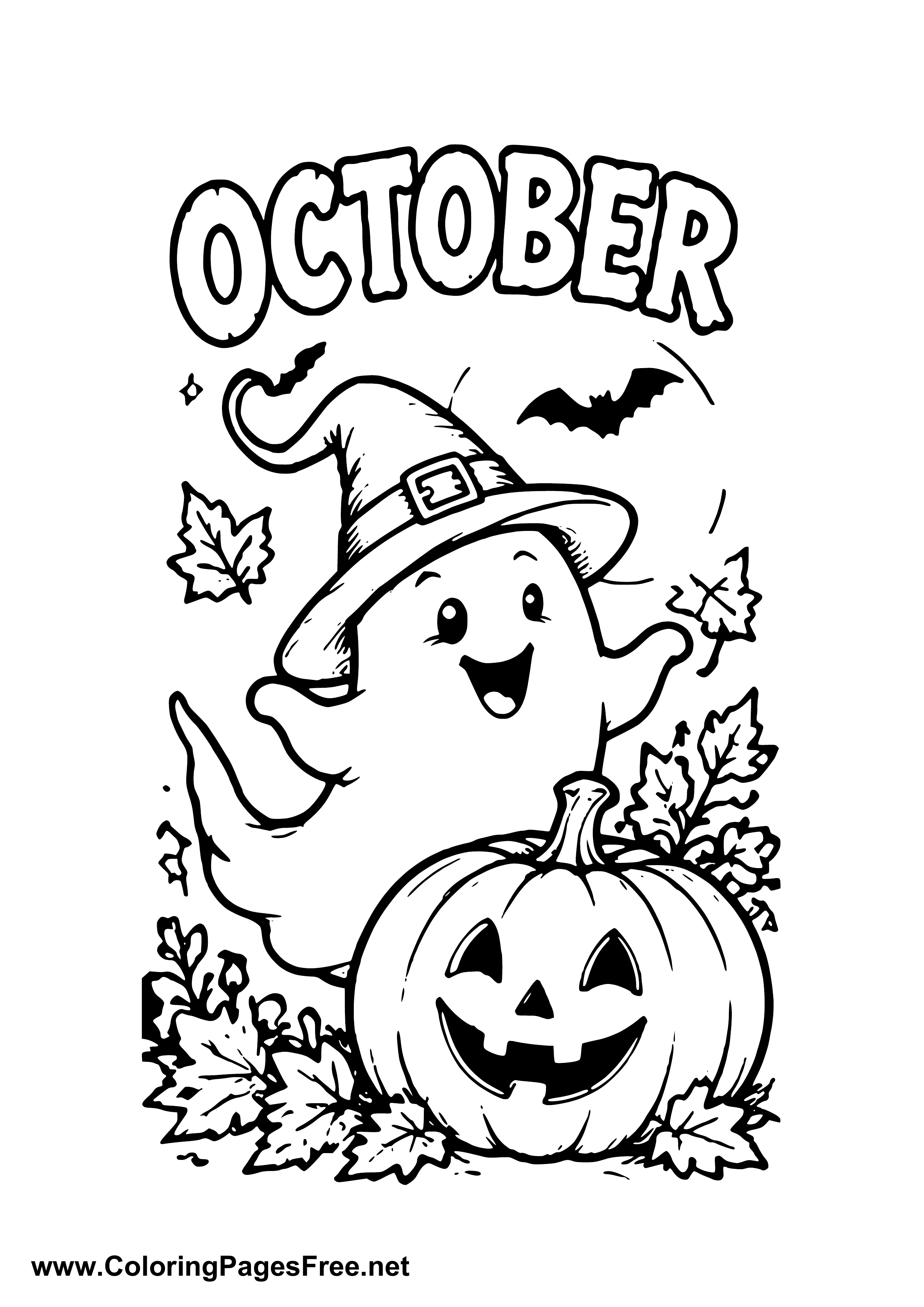 October Happy Ghost Beside a Pumpkin Lantern Coloring Page