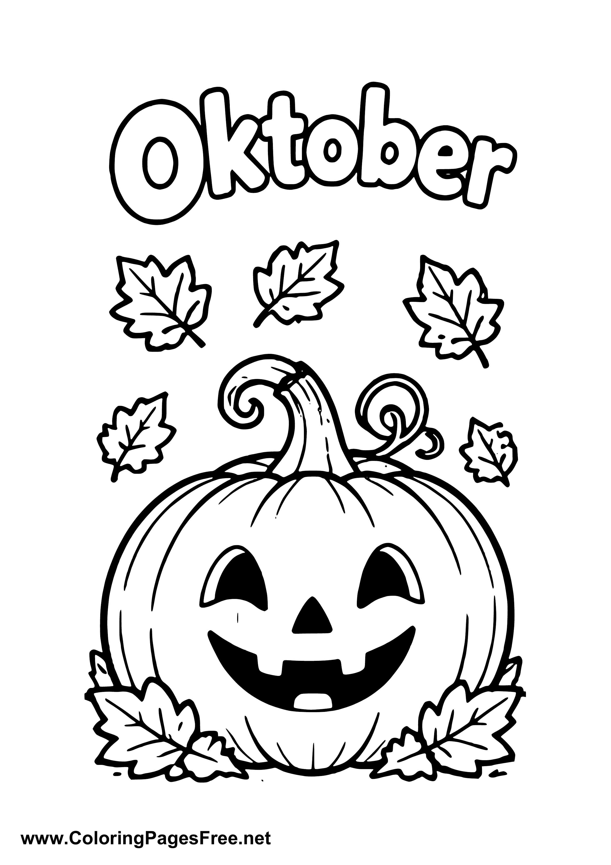 October Happy Pumpkin with Fall Leaves Coloring Page