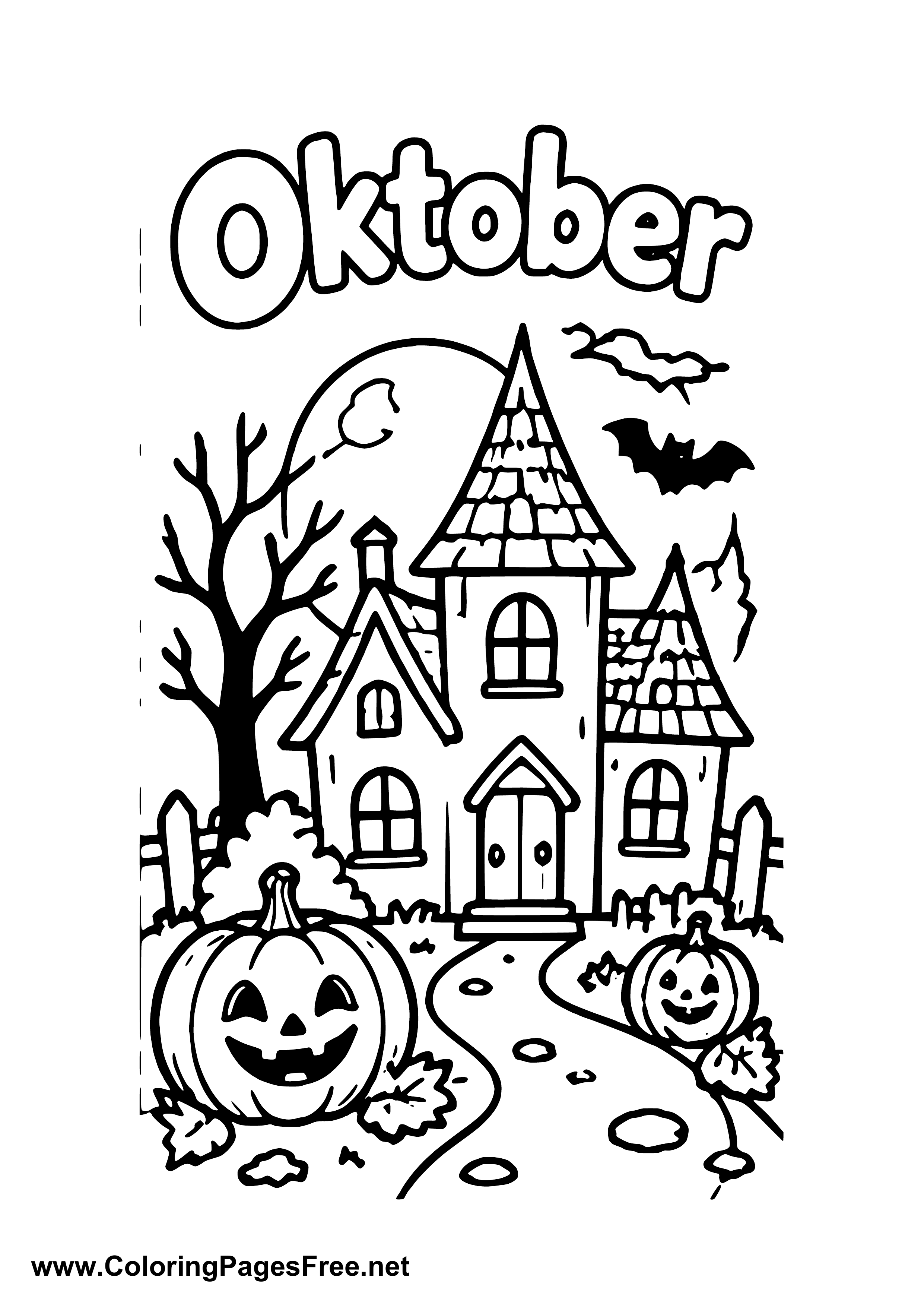 October Haunted House with Pumpkins and Bats Coloring Page