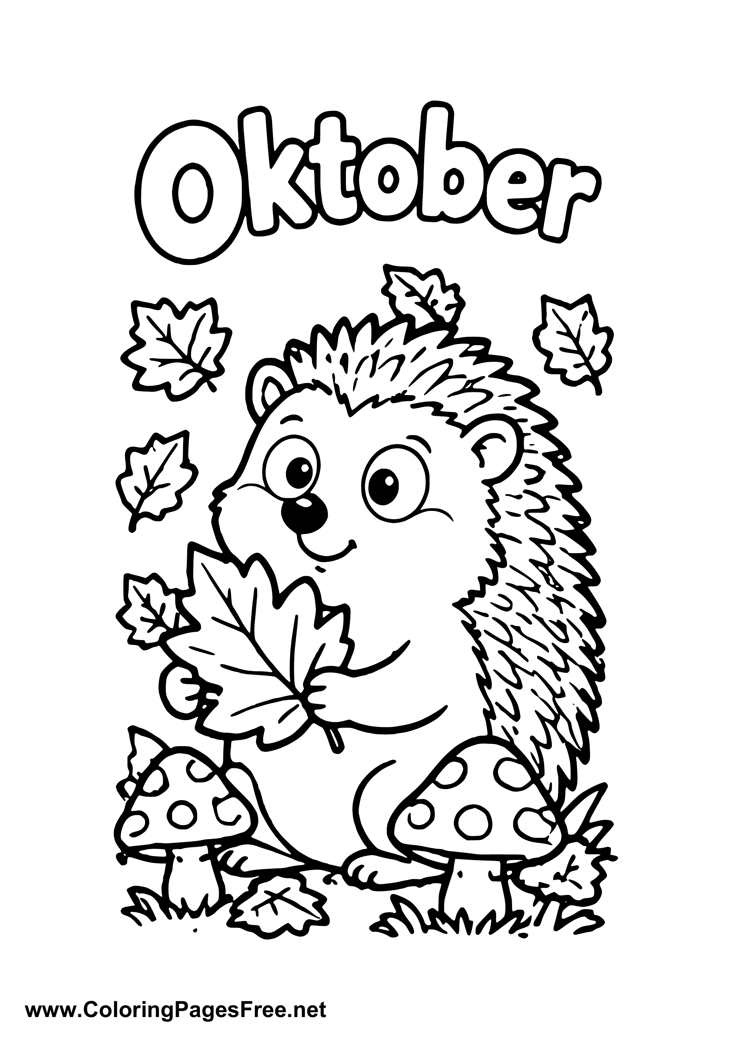 October Hedgehog with a Large Fall Leaf Coloring Page