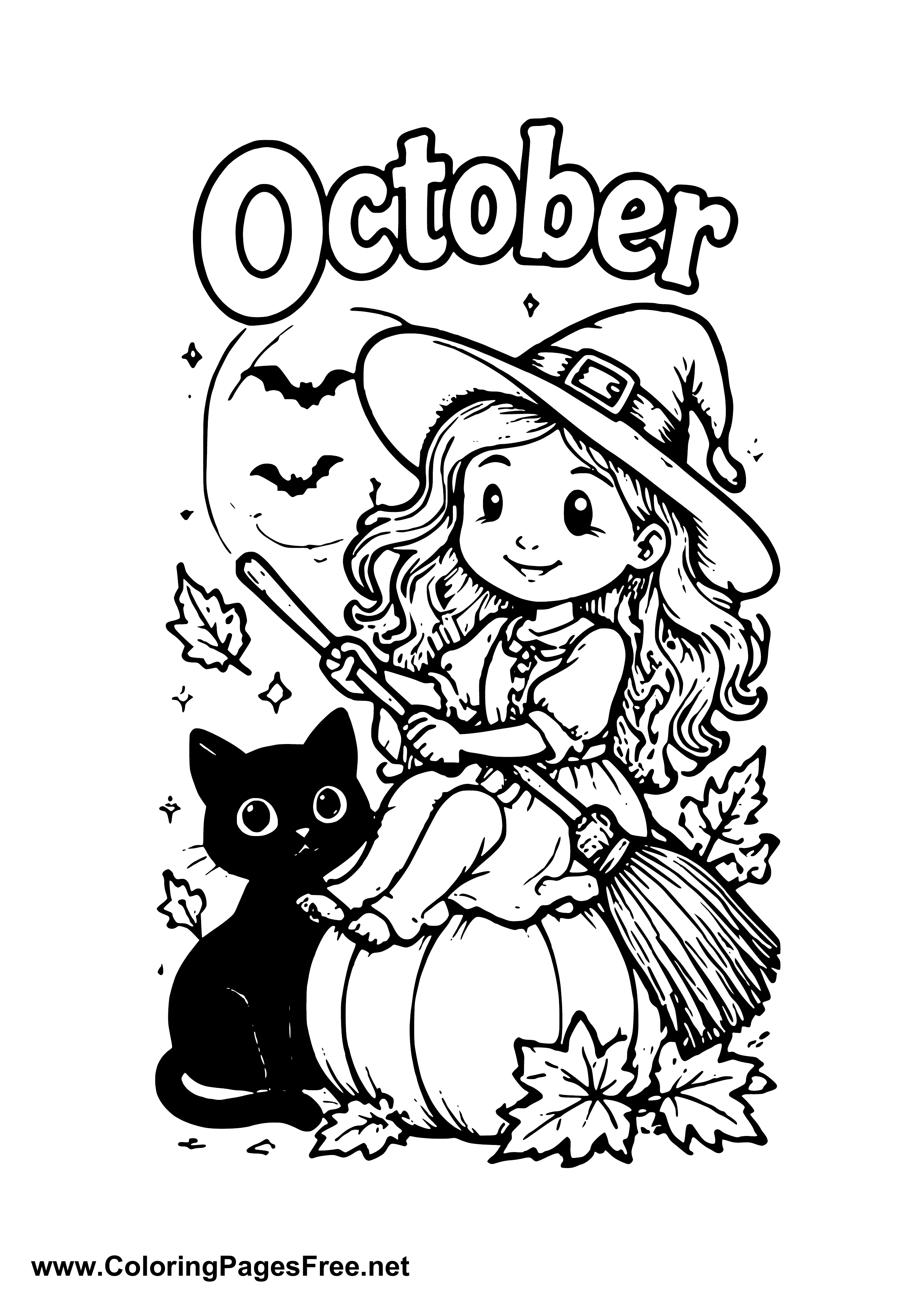 October Little Witch with Black Cat and Pumpkin Coloring Page