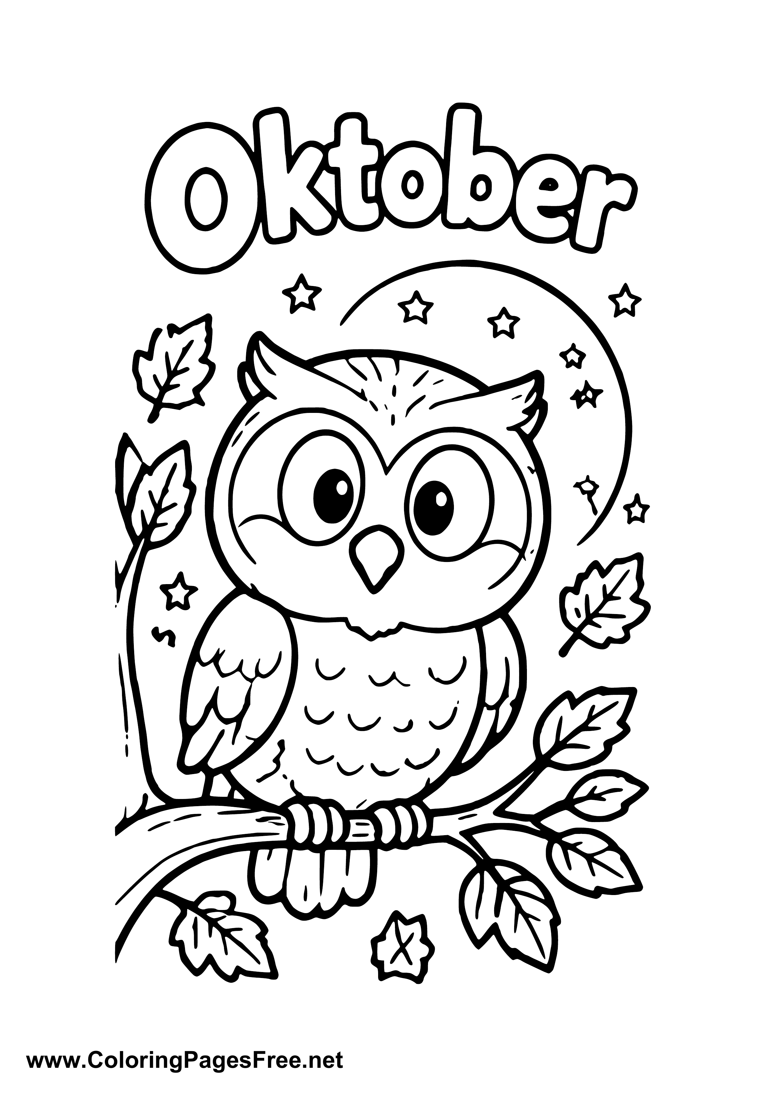 October Owl on a Branch at Night Coloring Page