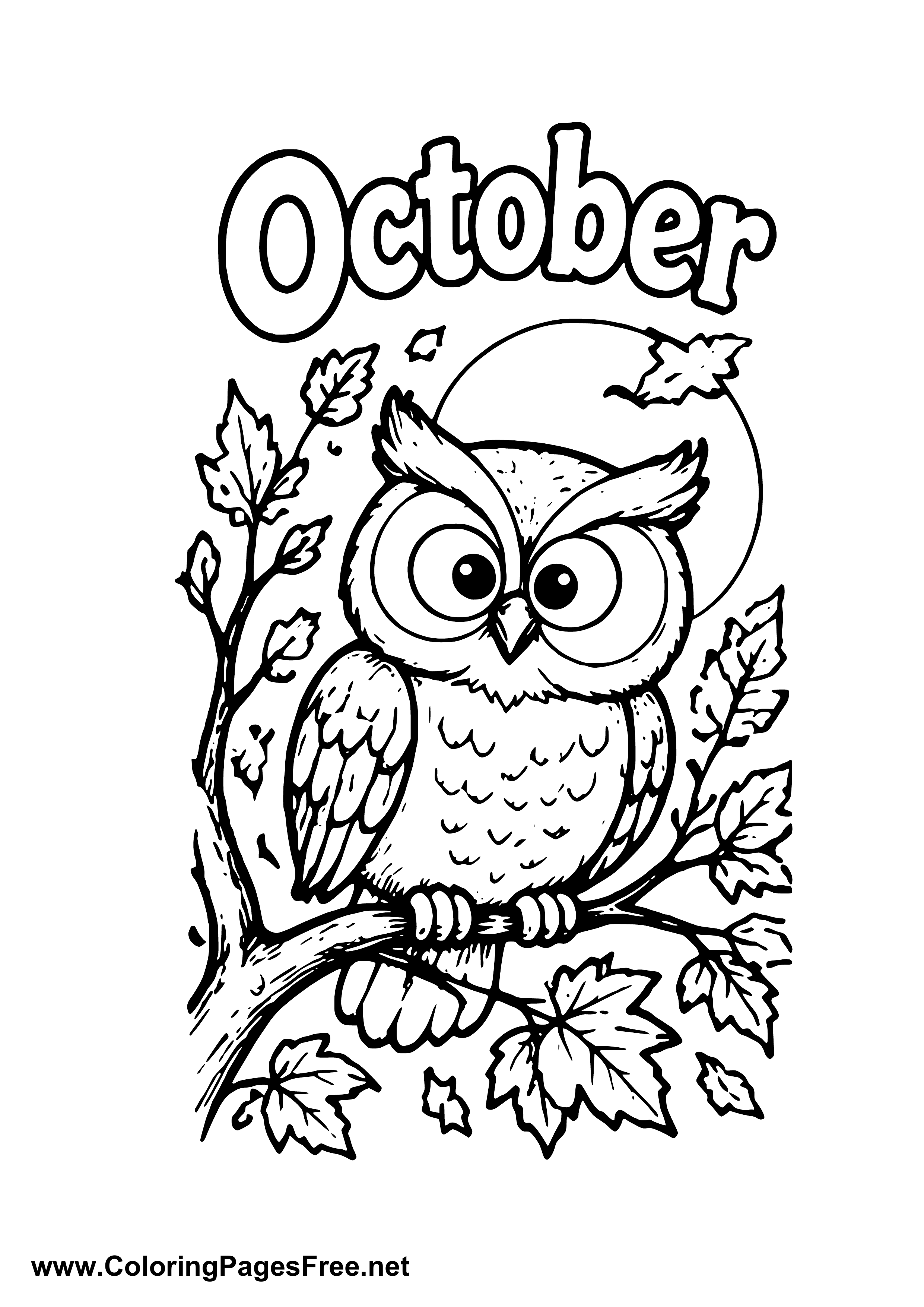 October Owl on a Branch with Fall Leaves Coloring Page