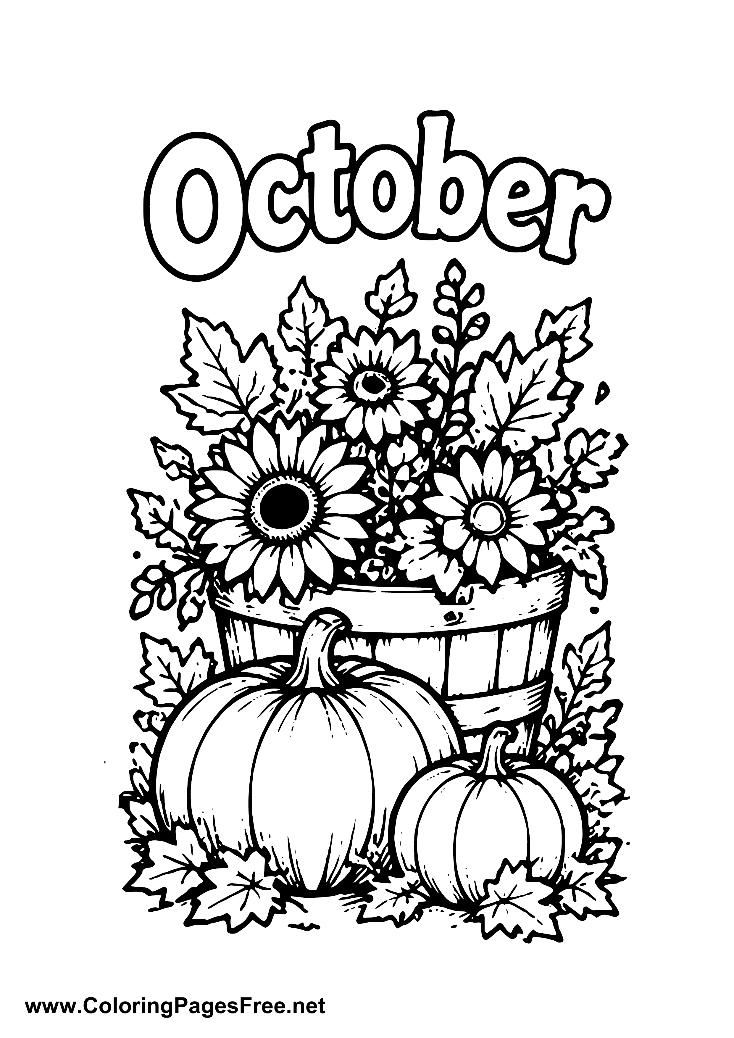 October Pumpkins with Fall Flowers Coloring Page