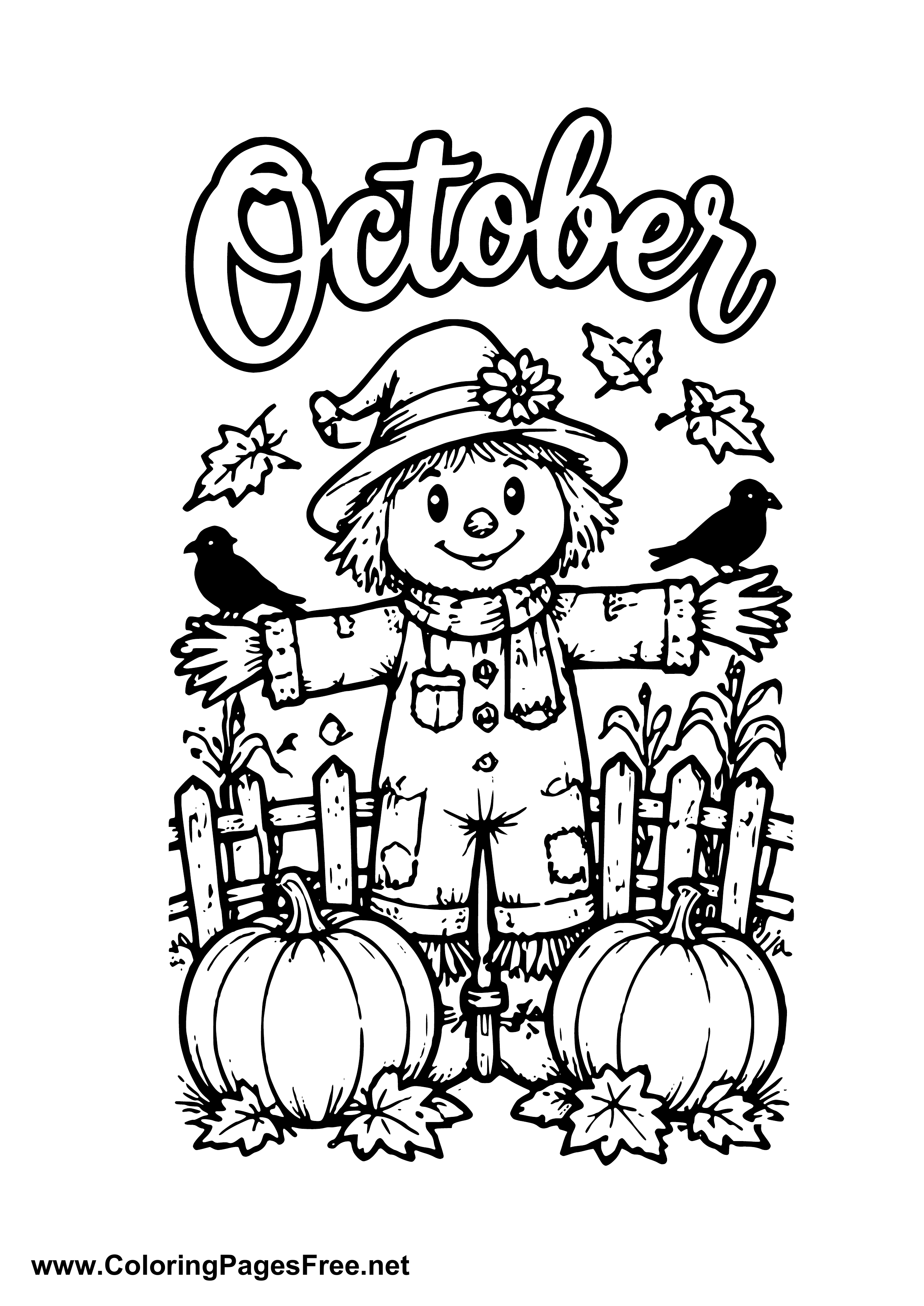 October Scarecrow with Two Pumpkins Coloring Page