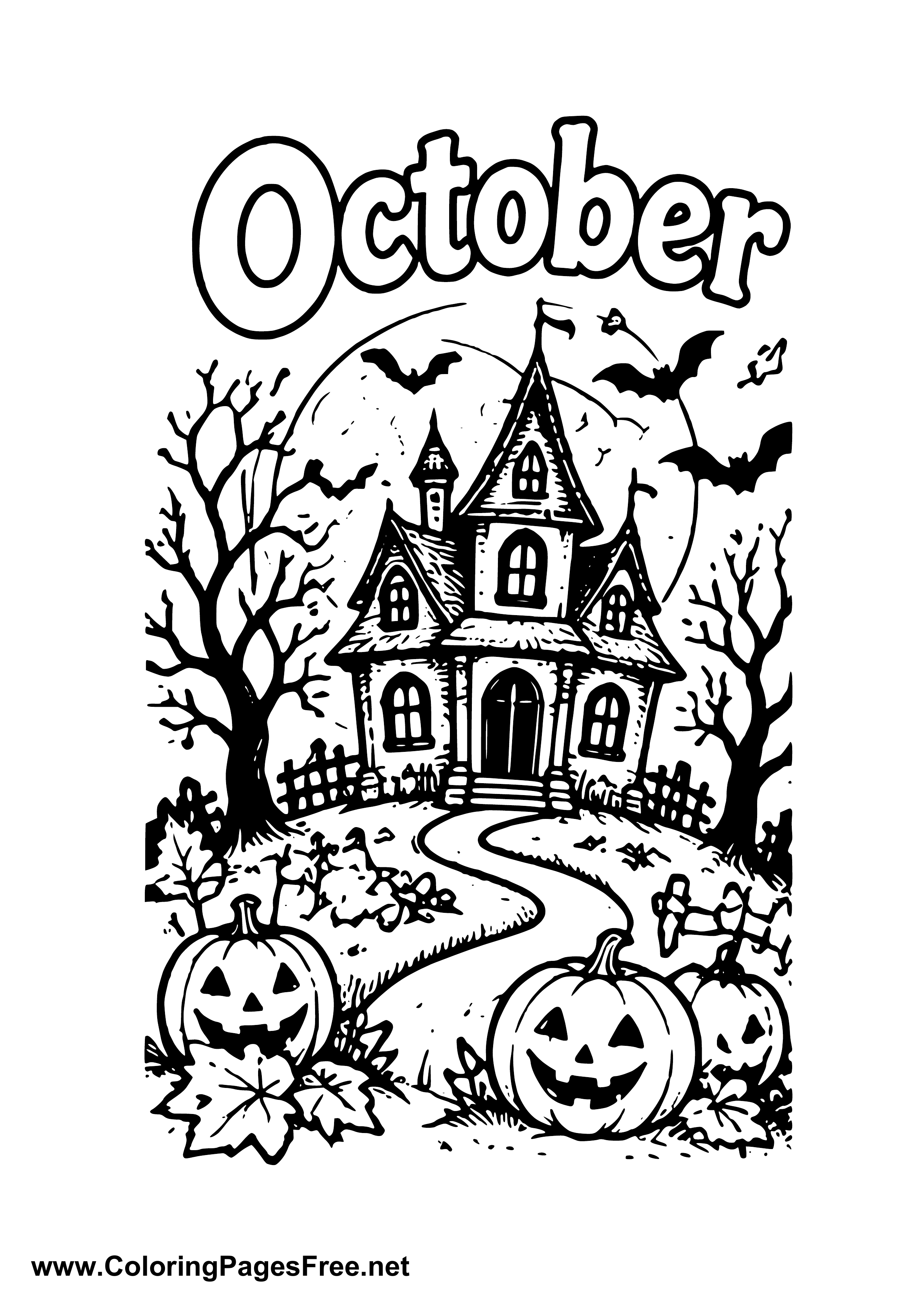 October Spooky Haunted House with Pumpkins Coloring Page