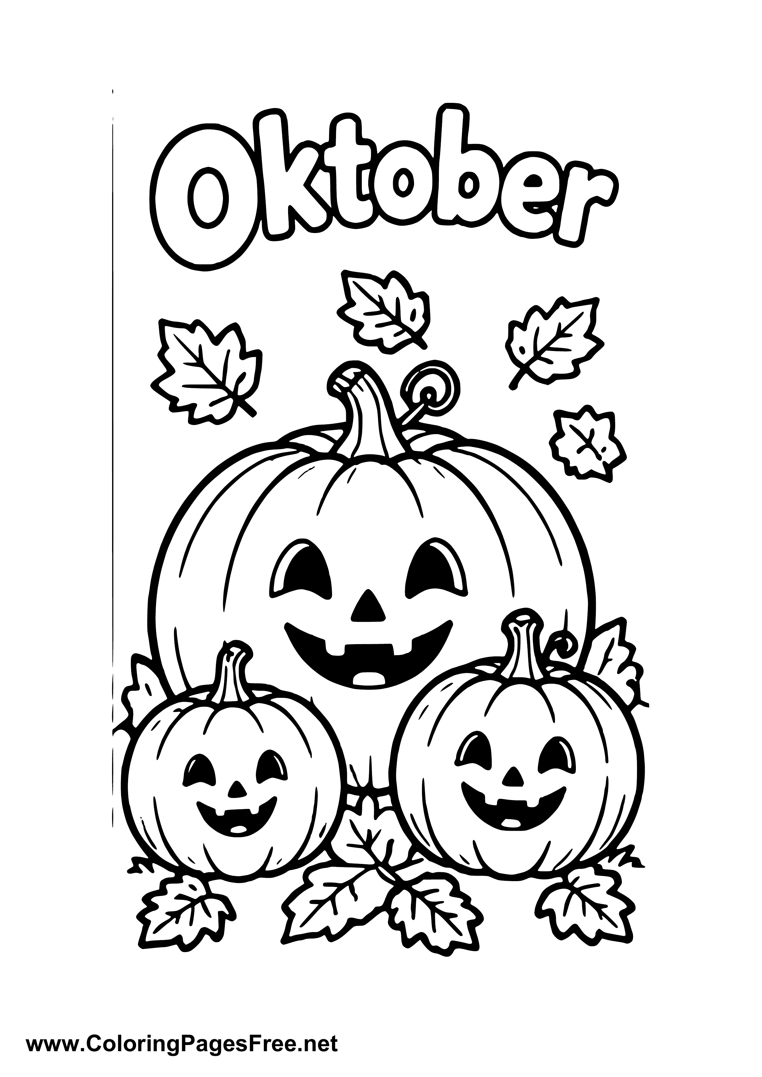 October Three Smiling Pumpkins with Fall Leaves Coloring Page
