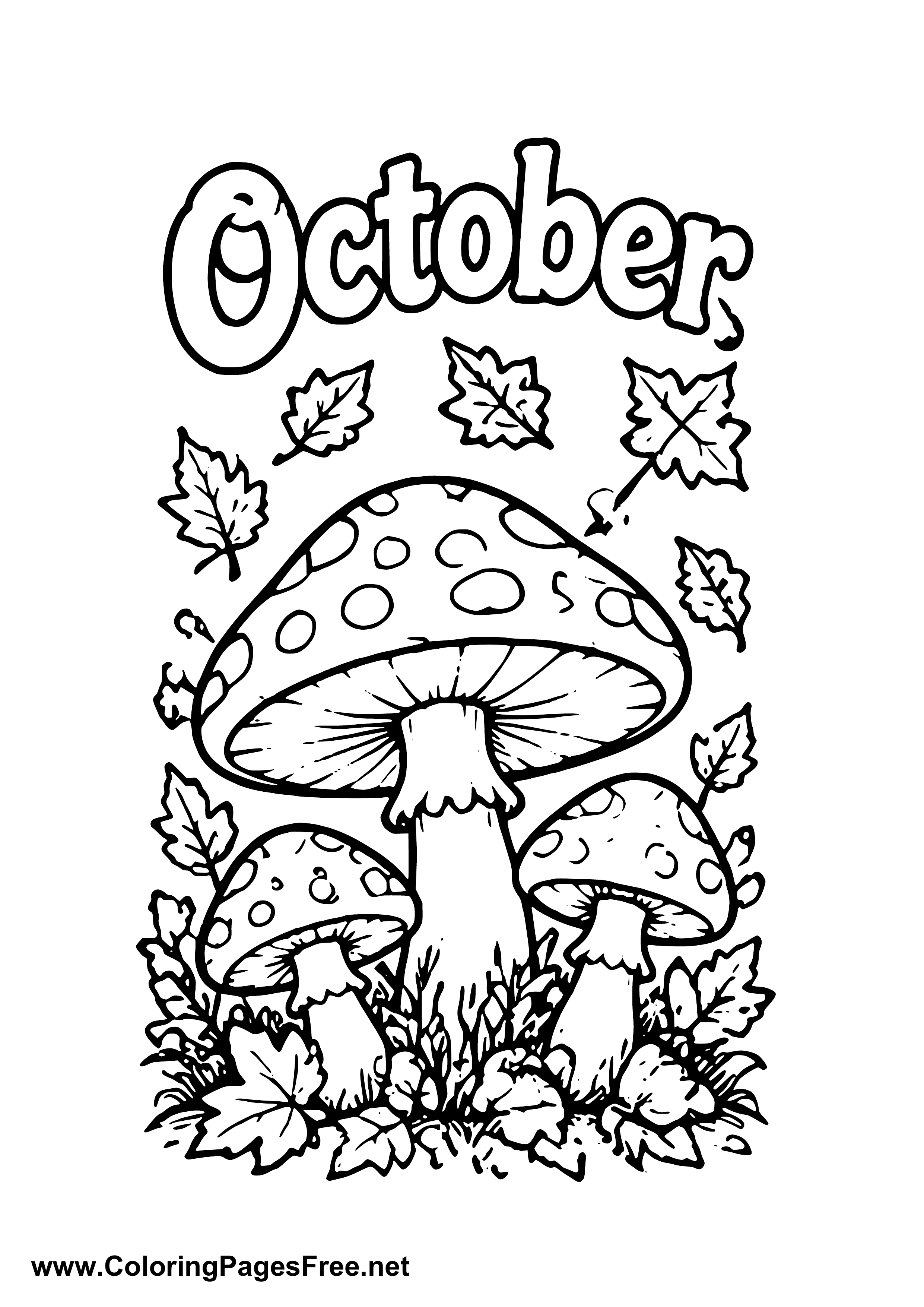 October Toadstools with Fall Leaves Coloring Page