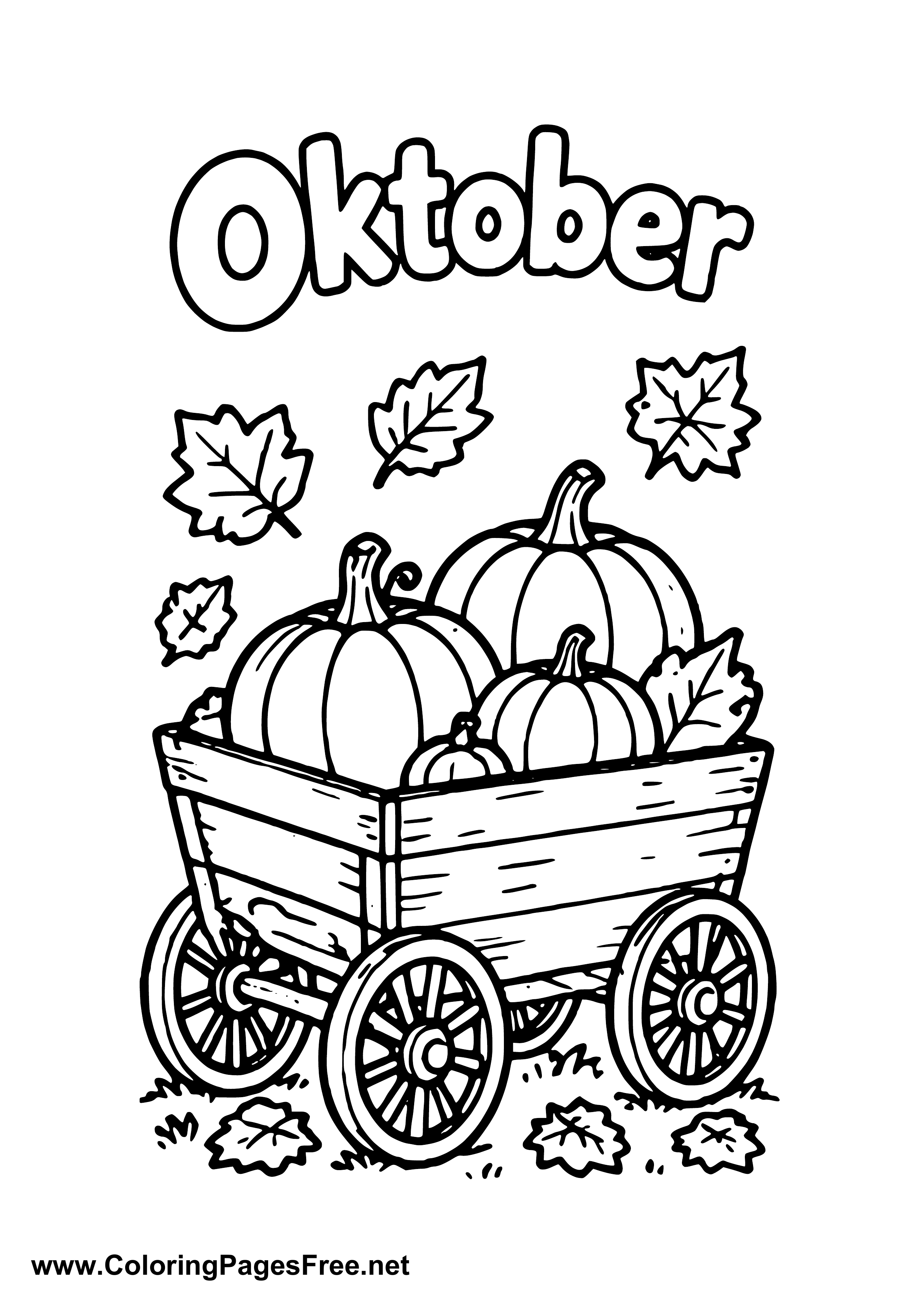 October Wooden Wagon with Pumpkins Coloring Page