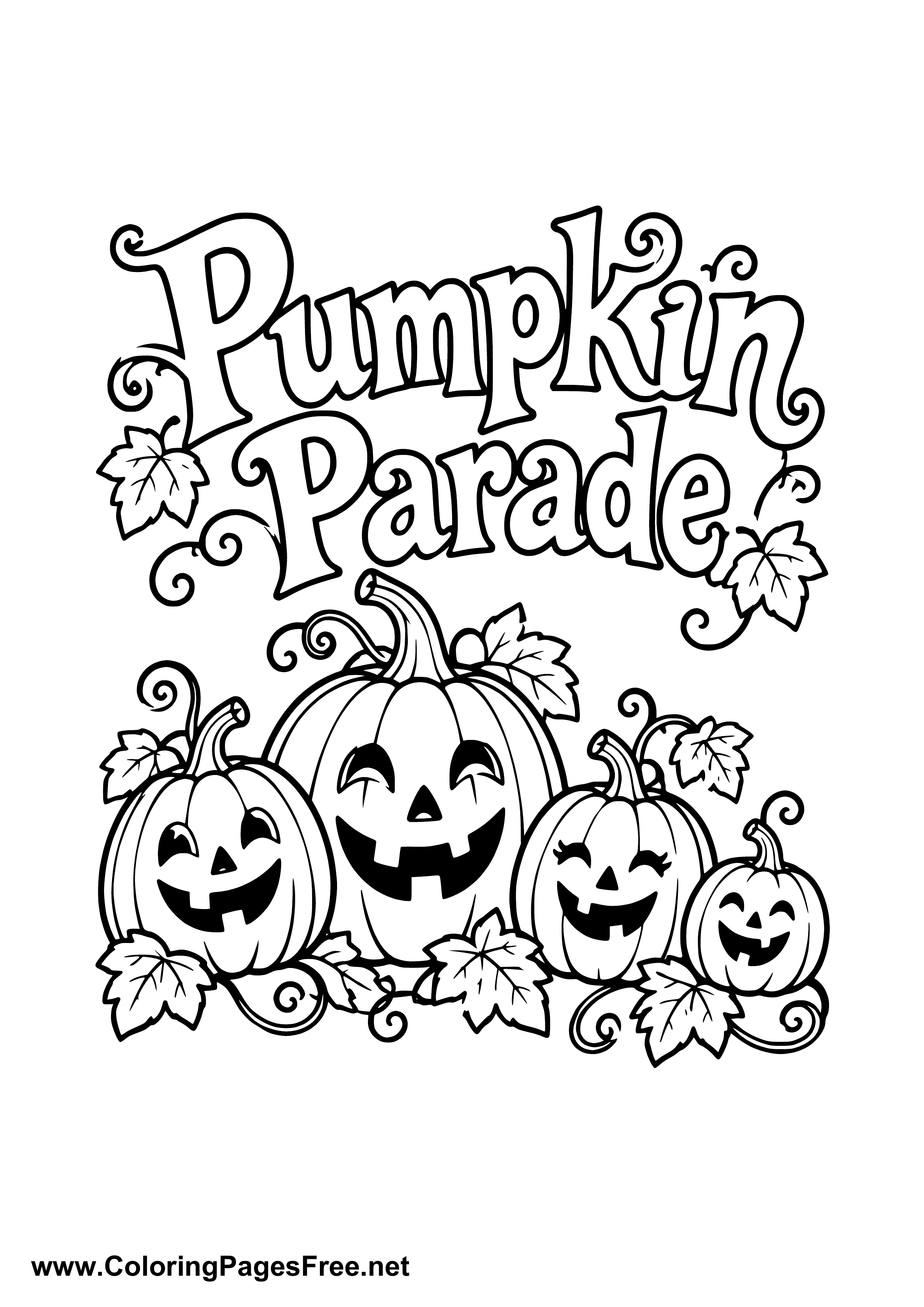 Pumpkin Parade Pumpkin Family with Leaves Coloring Page