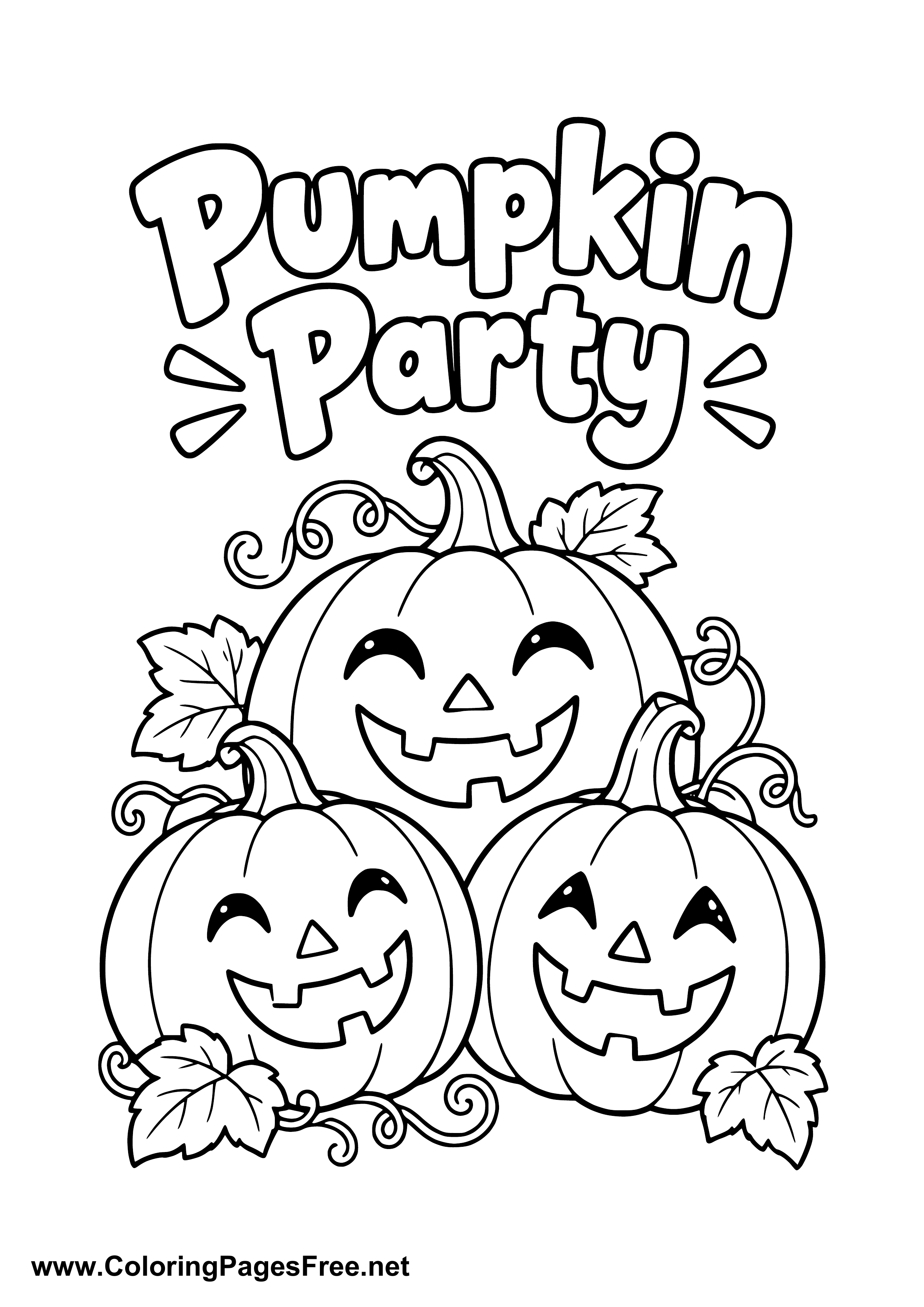 Pumpkin Party Coloring Page with Three Smiling Pumpkins
