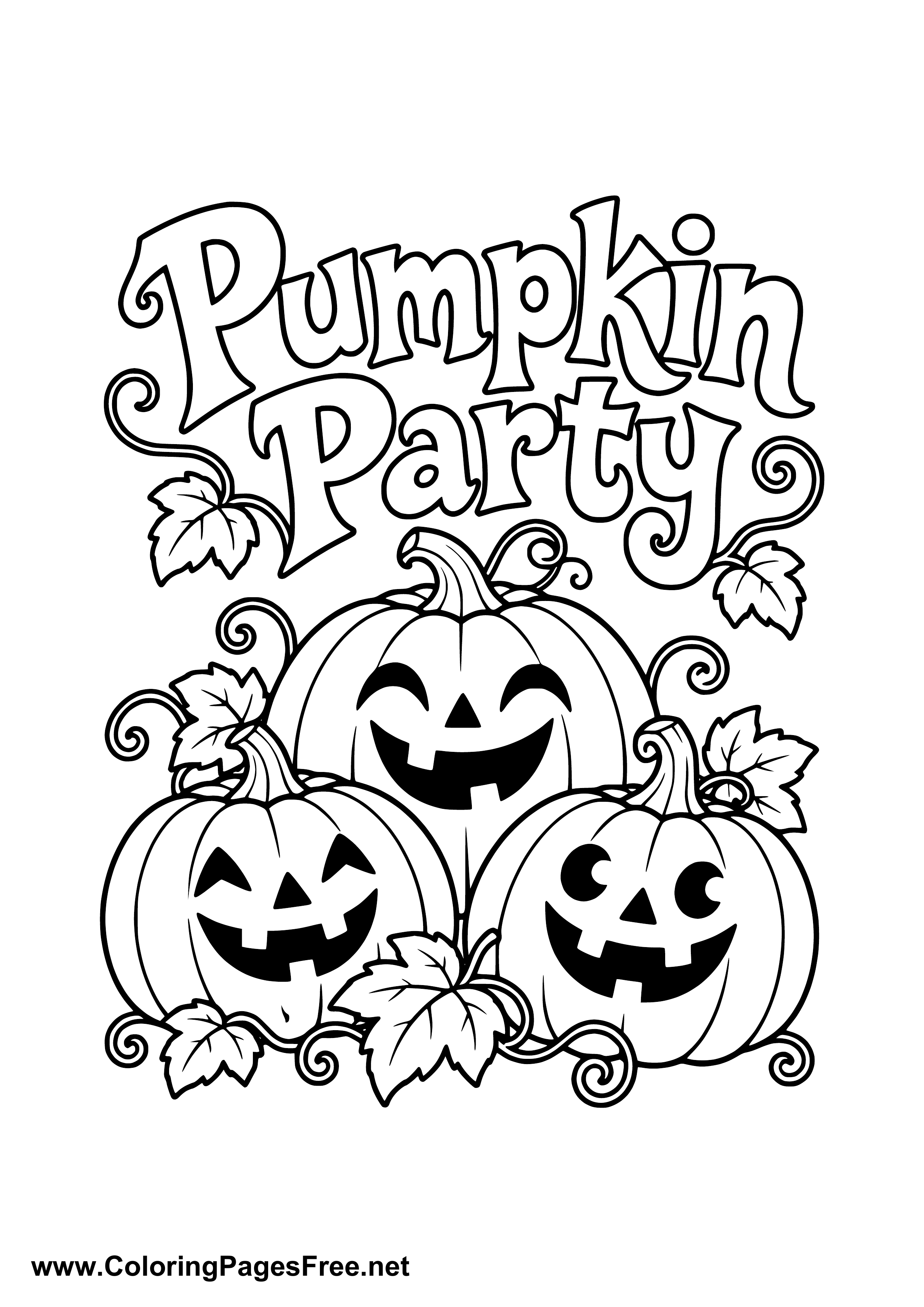 Pumpkin Party Three Pumpkin Lanterns with Fall Leaves Coloring Page