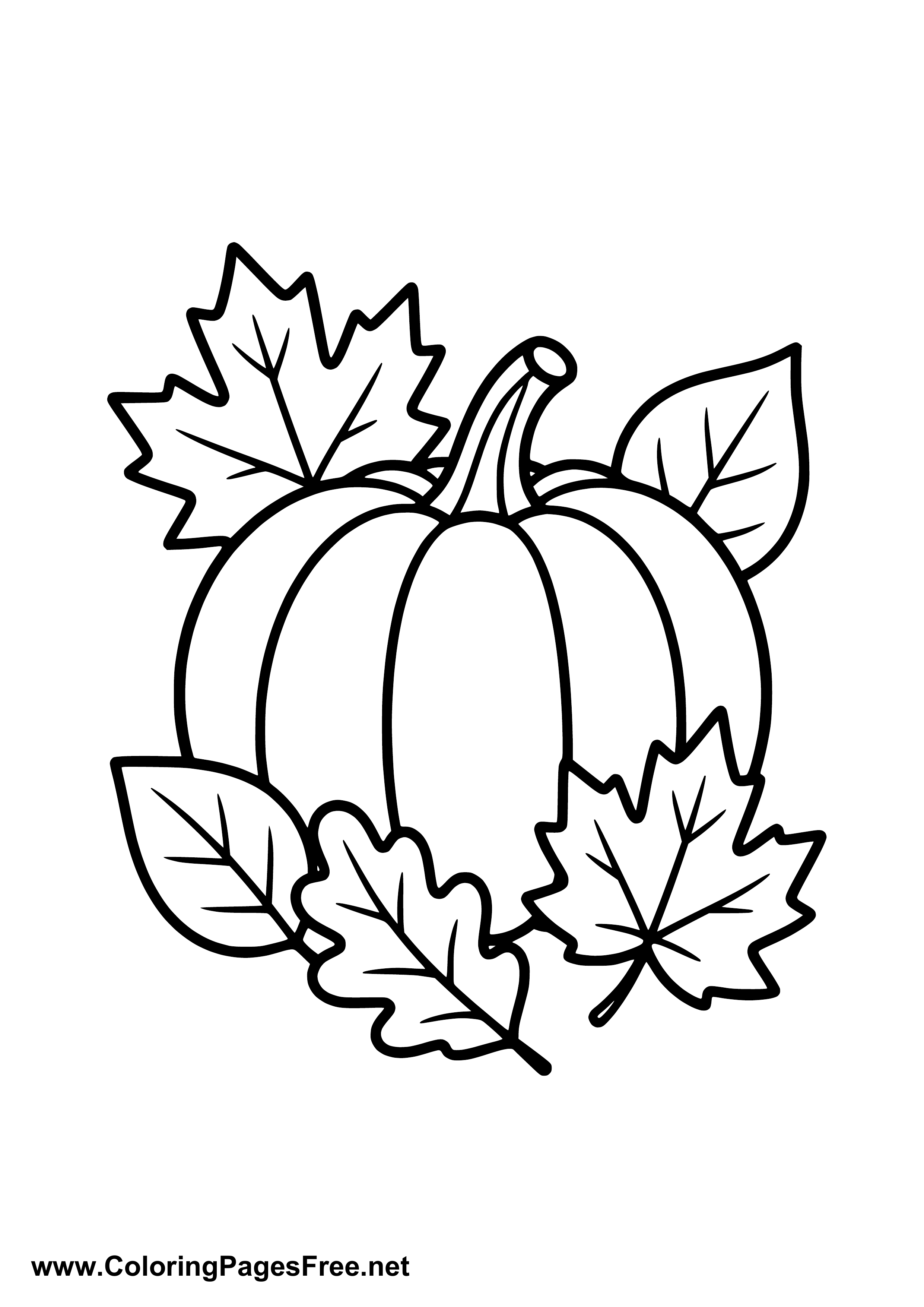 Pumpkin with Autumn Leaves Coloring Page