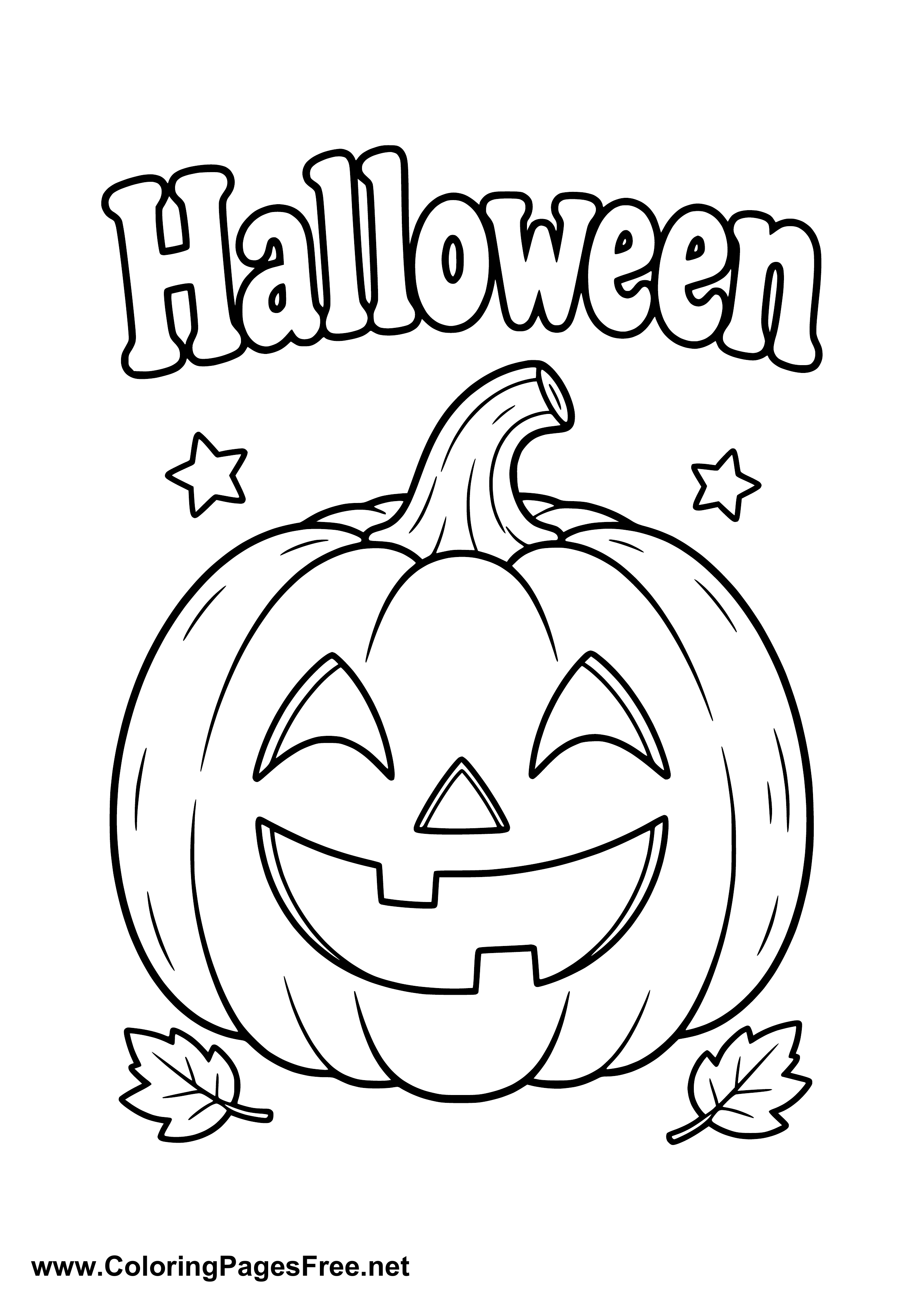 Smiling Halloween Pumpkin with Fall Leaves Coloring Page