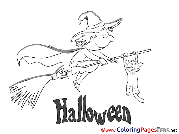 Sorcerer on Broom Colouring Page Halloween free