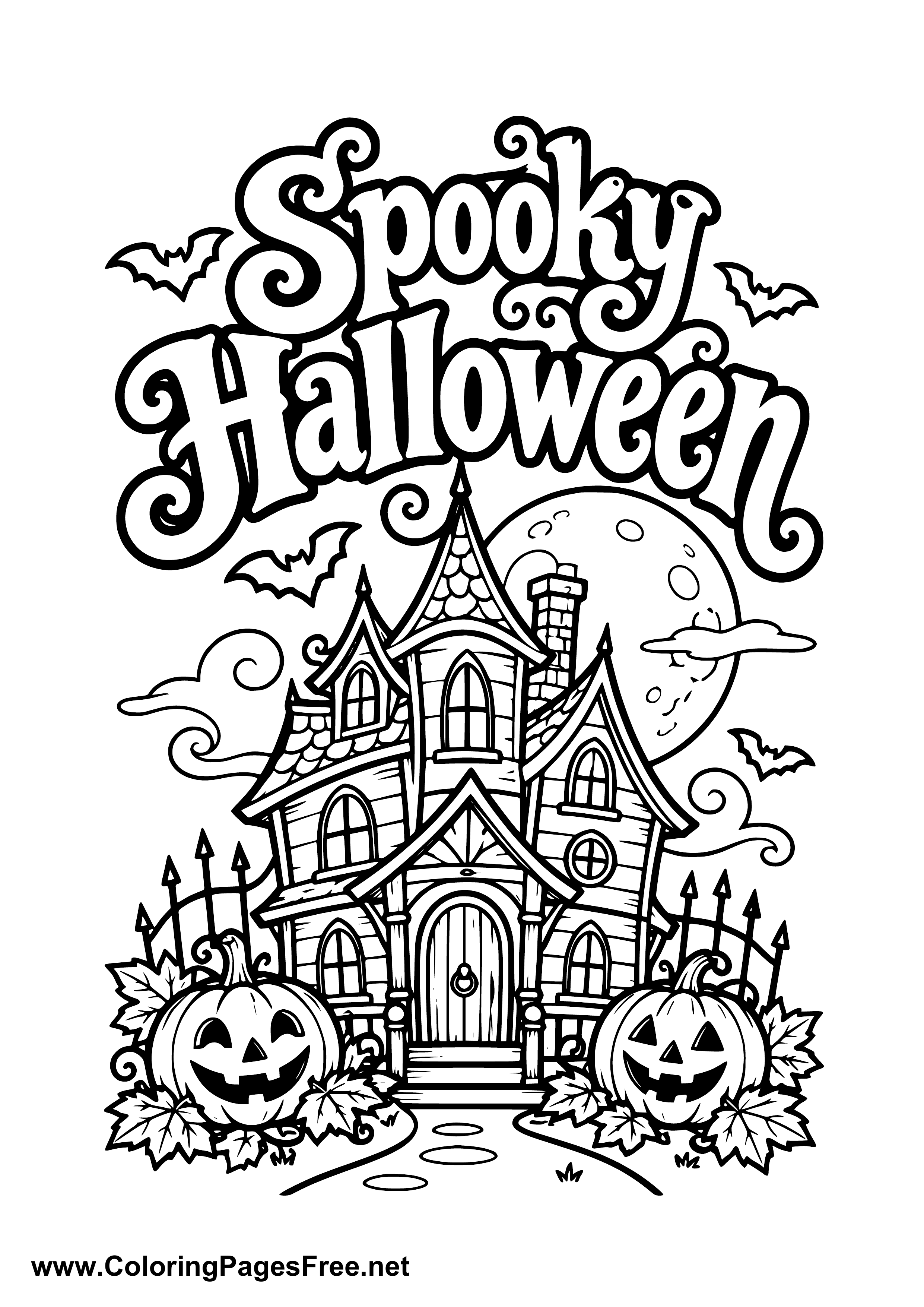 Spooky Halloween Haunted House and Pumpkins Coloring Page