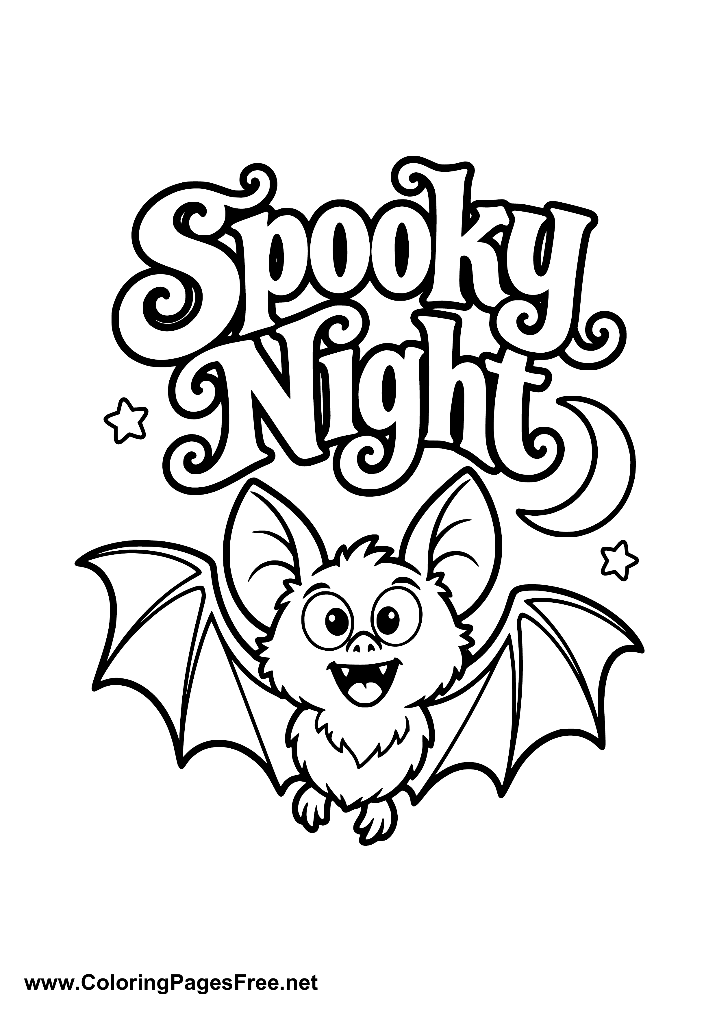 Spooky Night Bat and Crescent Moon Coloring Page