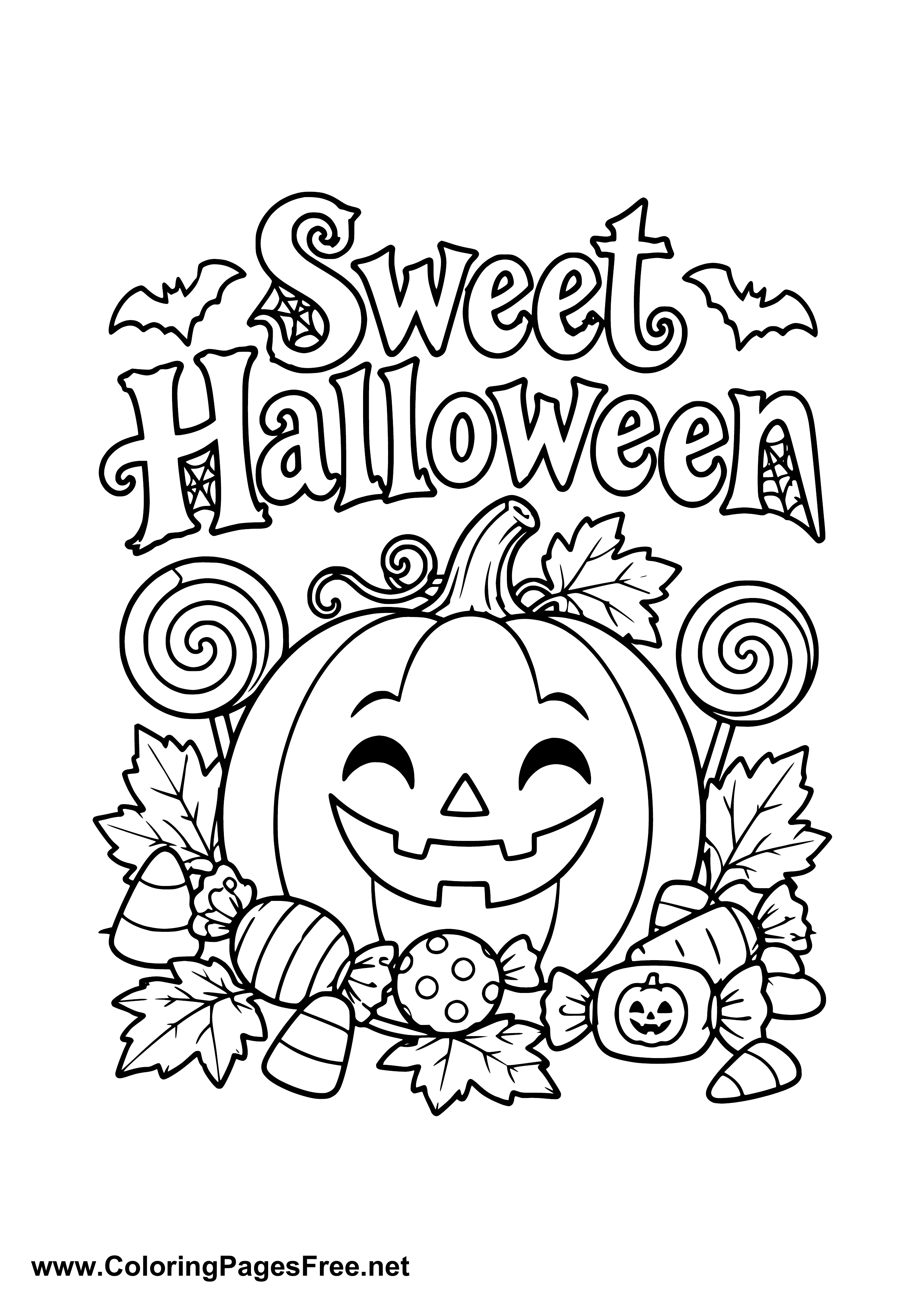 Sweet Halloween Pumpkin with Candy Coloring Page