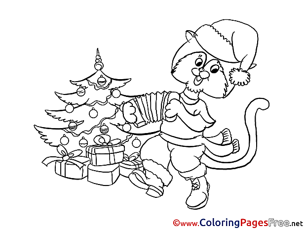 Cat plays Accordion Children New Year Colouring Page