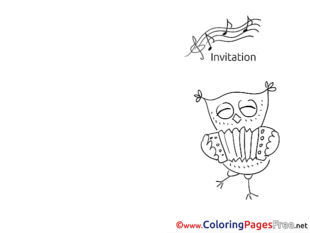 Owl plays Accordion Invitation Coloring Pages download