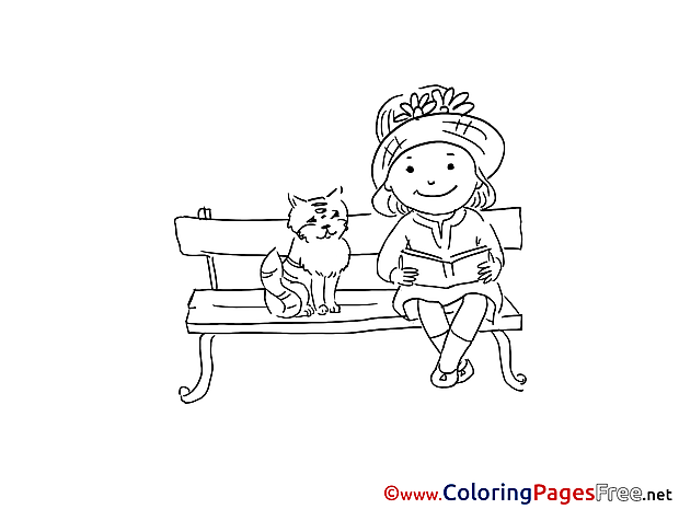 Cat with Girl for Children free Coloring Pages