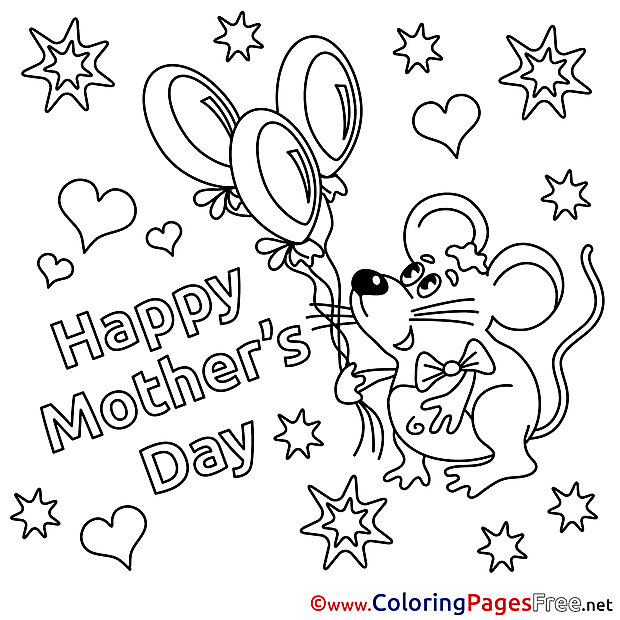 Mouse Holiday for Kids Mother's Day Balloons Colouring Page