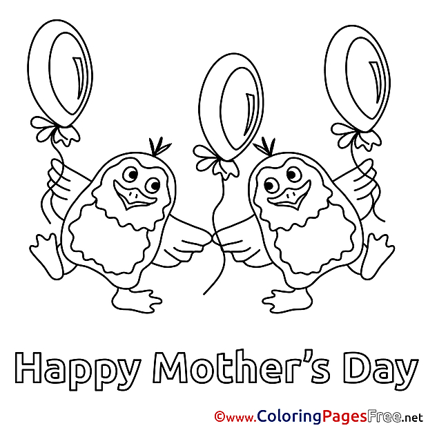 Penguins Balloons free Colouring Page Mother's Day