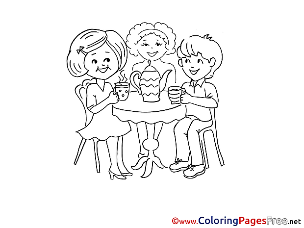 Friends Tea Party Kids free Coloring Page