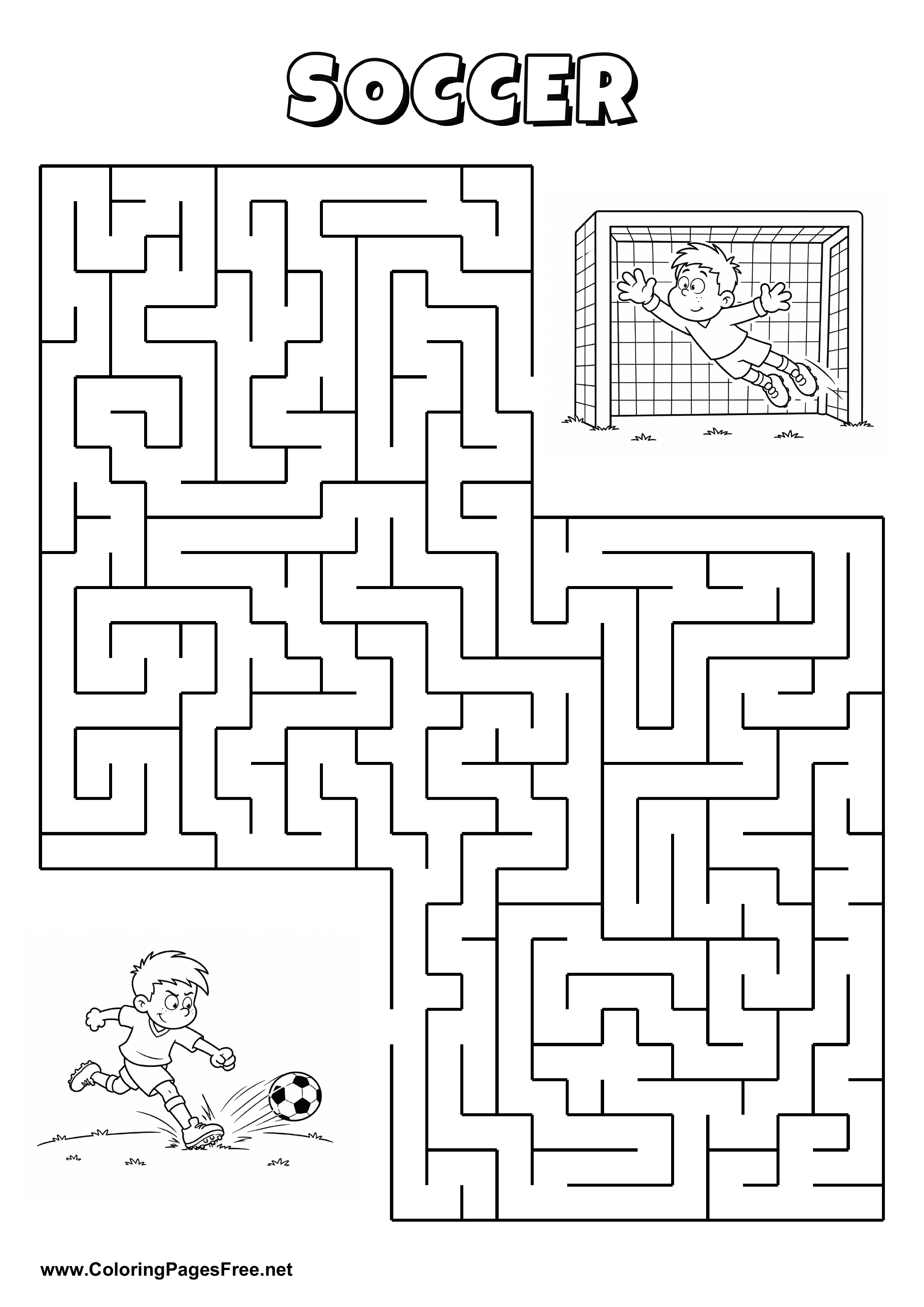 Printable Maze 'The soccer player is kicking for the way to the top corner'