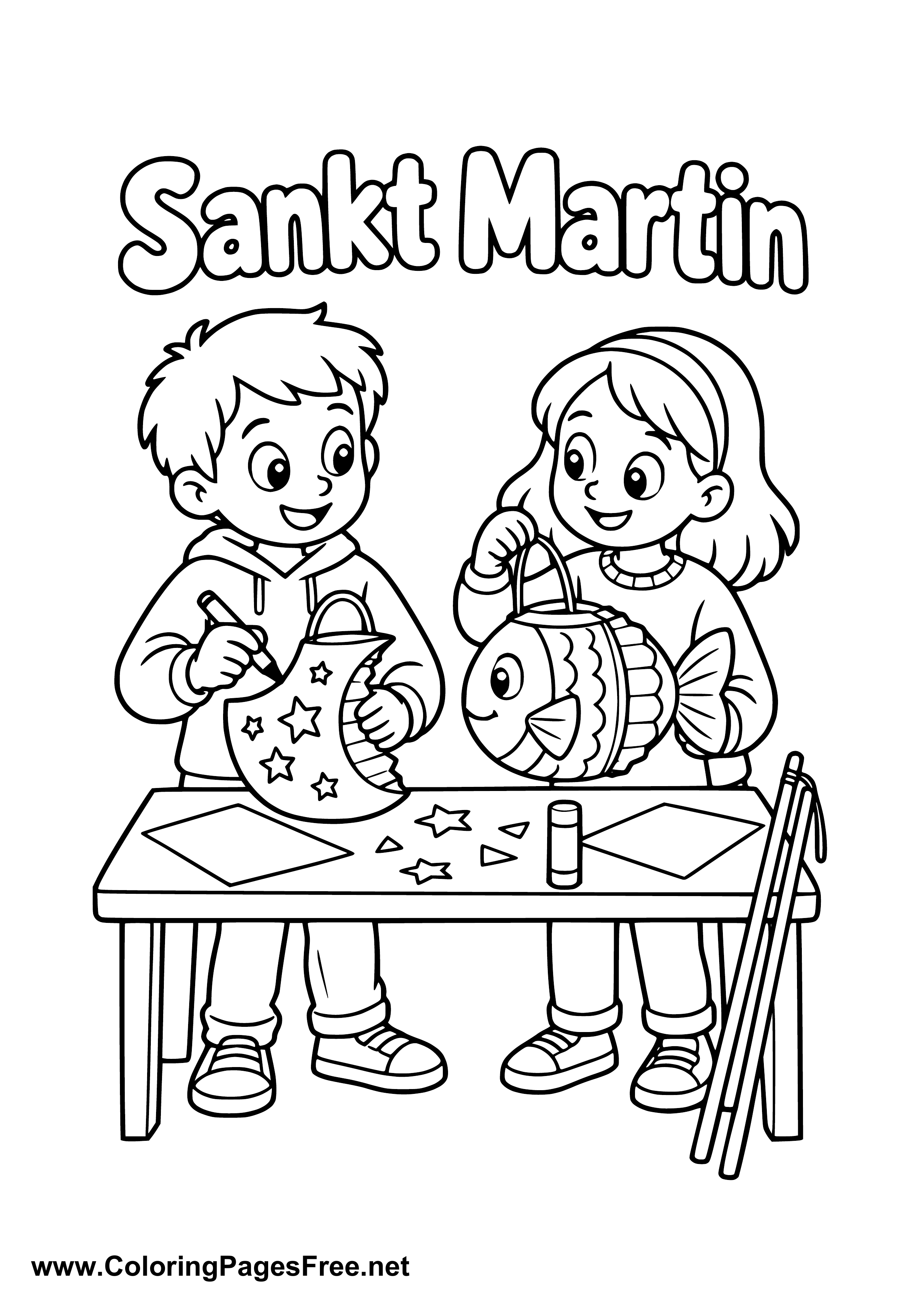 Boy and Girl Making Animal Lanterns for St. Martin's Day Colouring Page