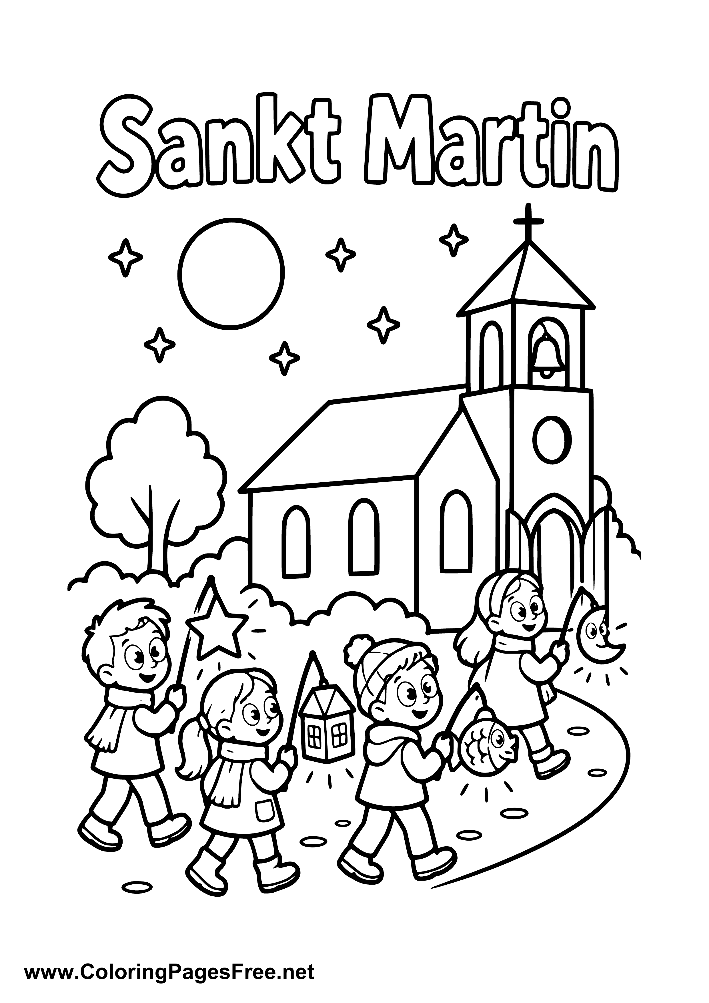 Children at a St. Martin's Day Lantern Parade by the Church Colouring Sheet
