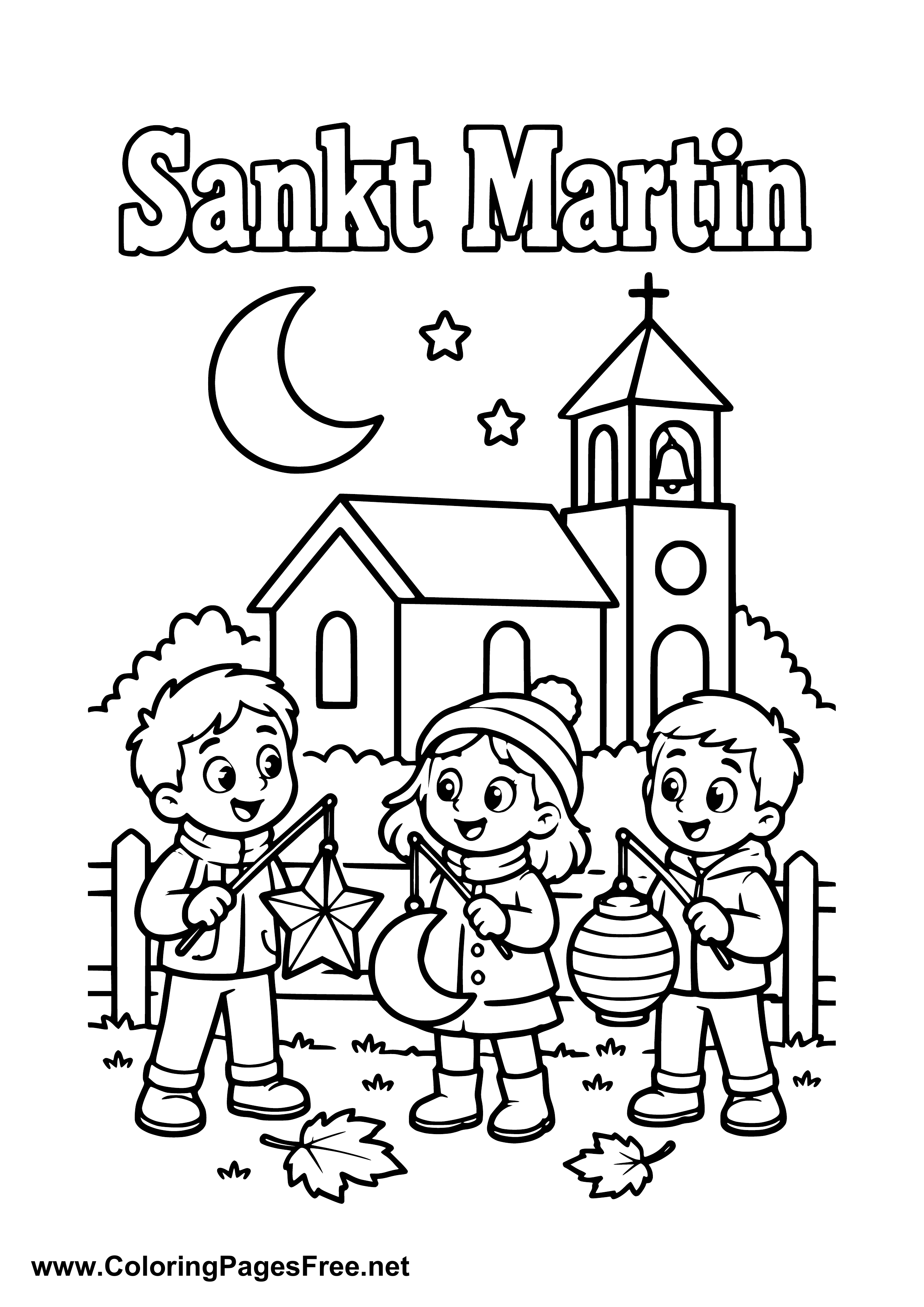 Children at a St. Martin's Day Parade with a Star Lantern and Moon Colouring Sheet
