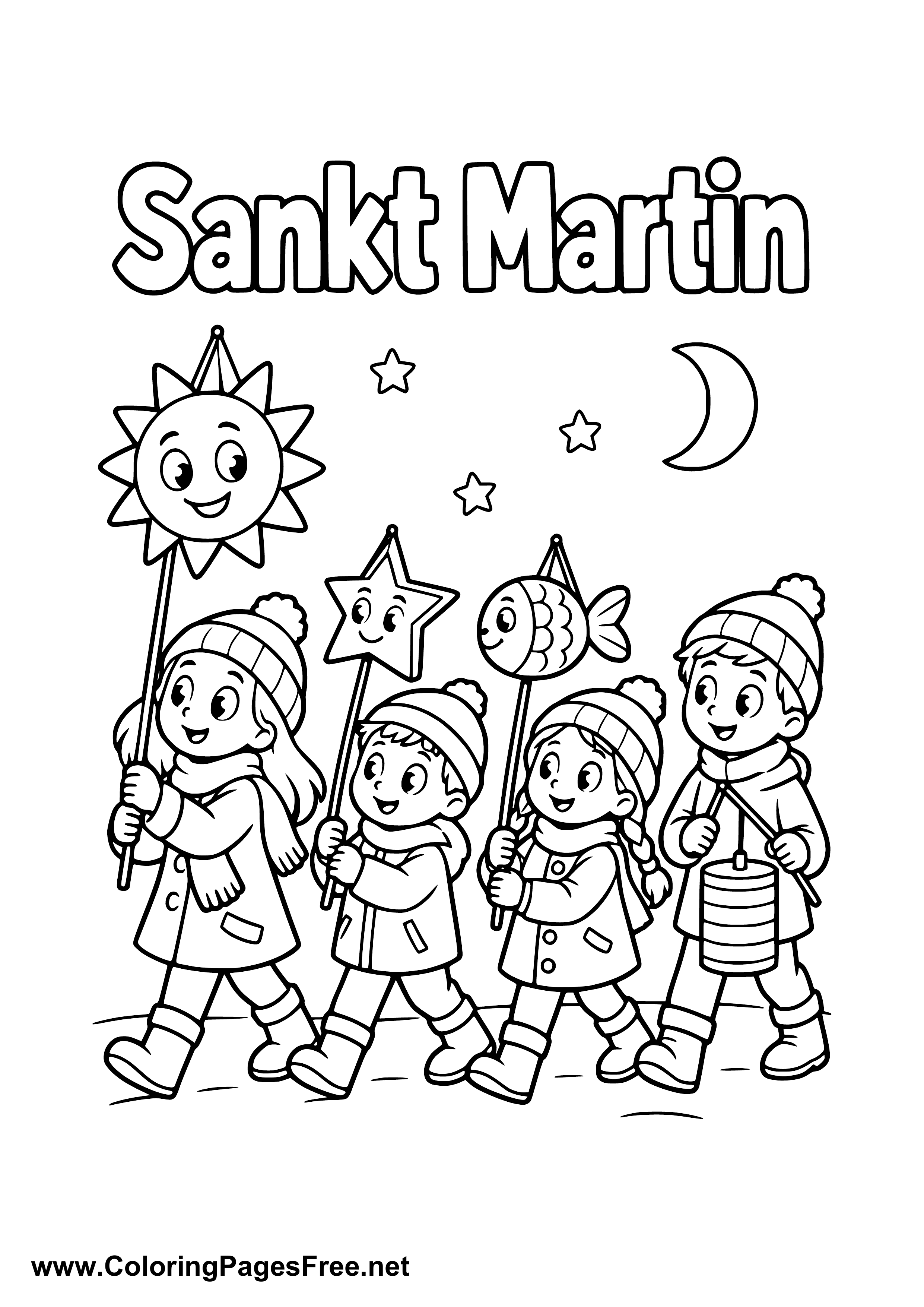 Children at a St. Martin's Day Parade with Sun Moon and Stars Colouring Page