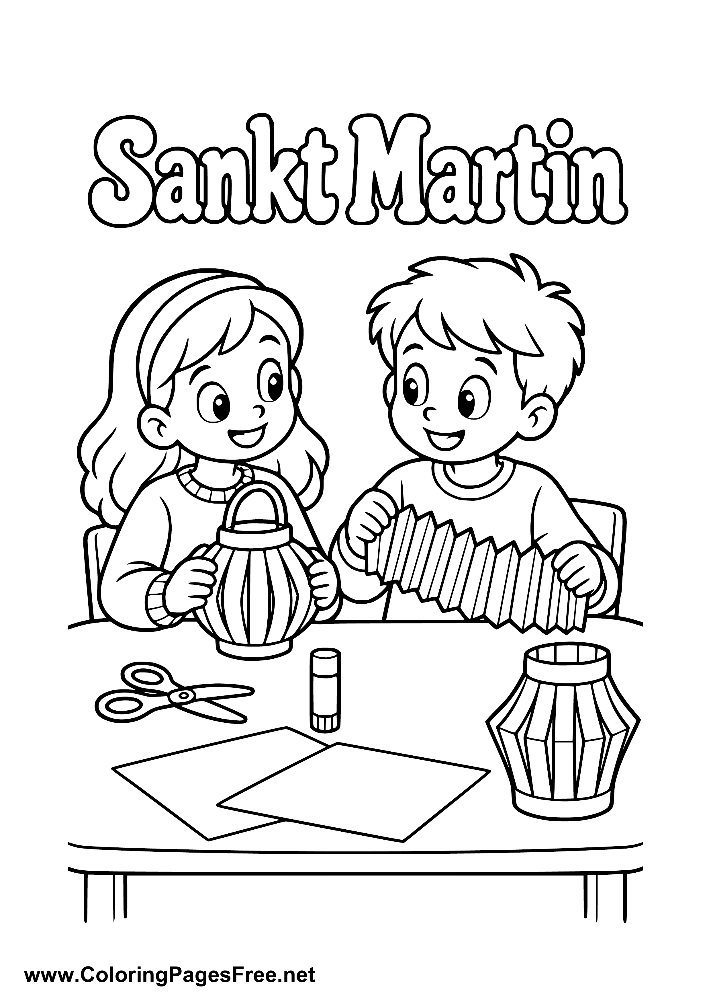 Children Making Lanterns for St. Martin's Day Colouring Page