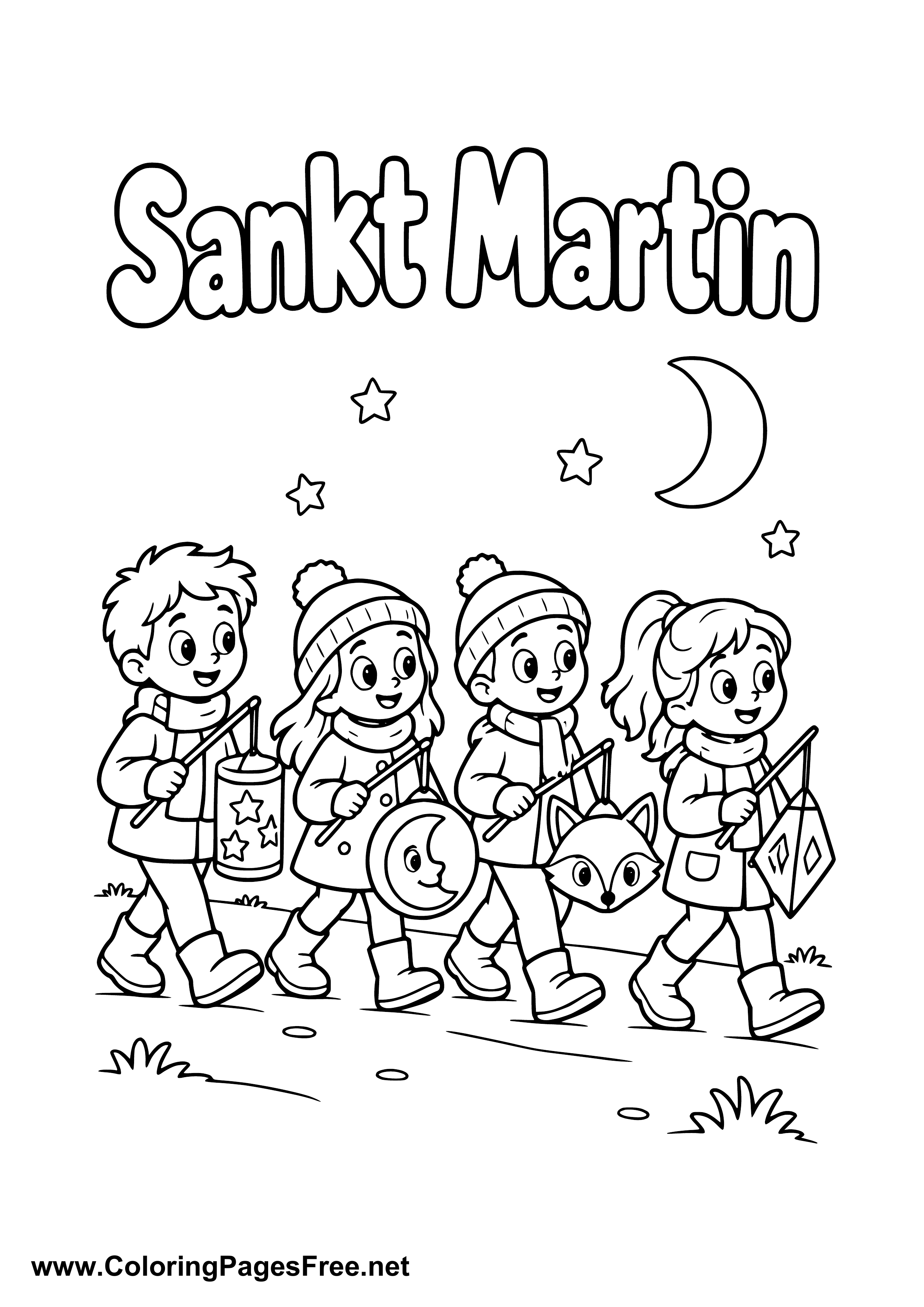 Four Children at a St. Martin's Day Lantern Parade Under the Moon Colouring Page