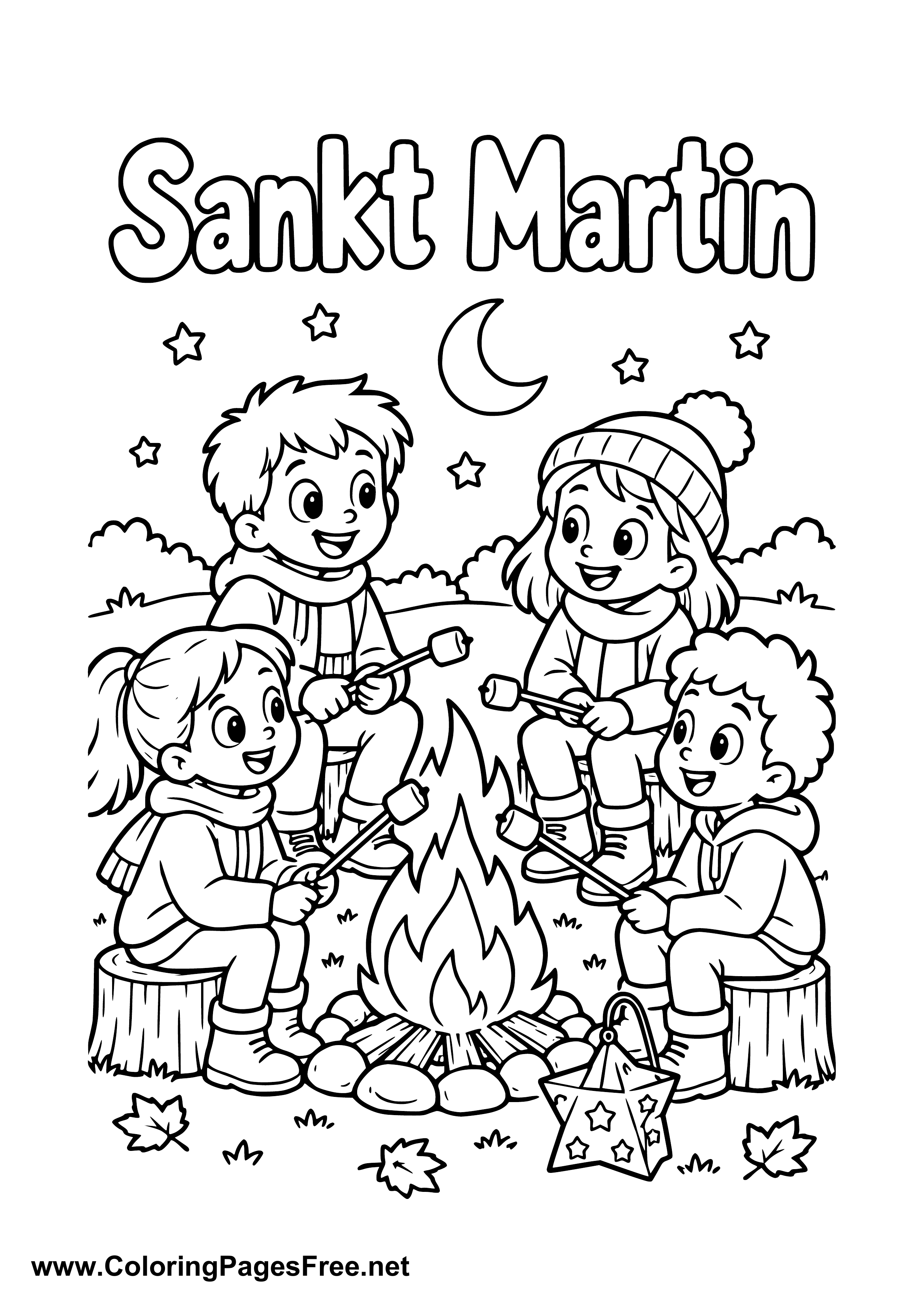 Four Children by a St. Martin's Day Bonfire with a Lantern Colouring Page