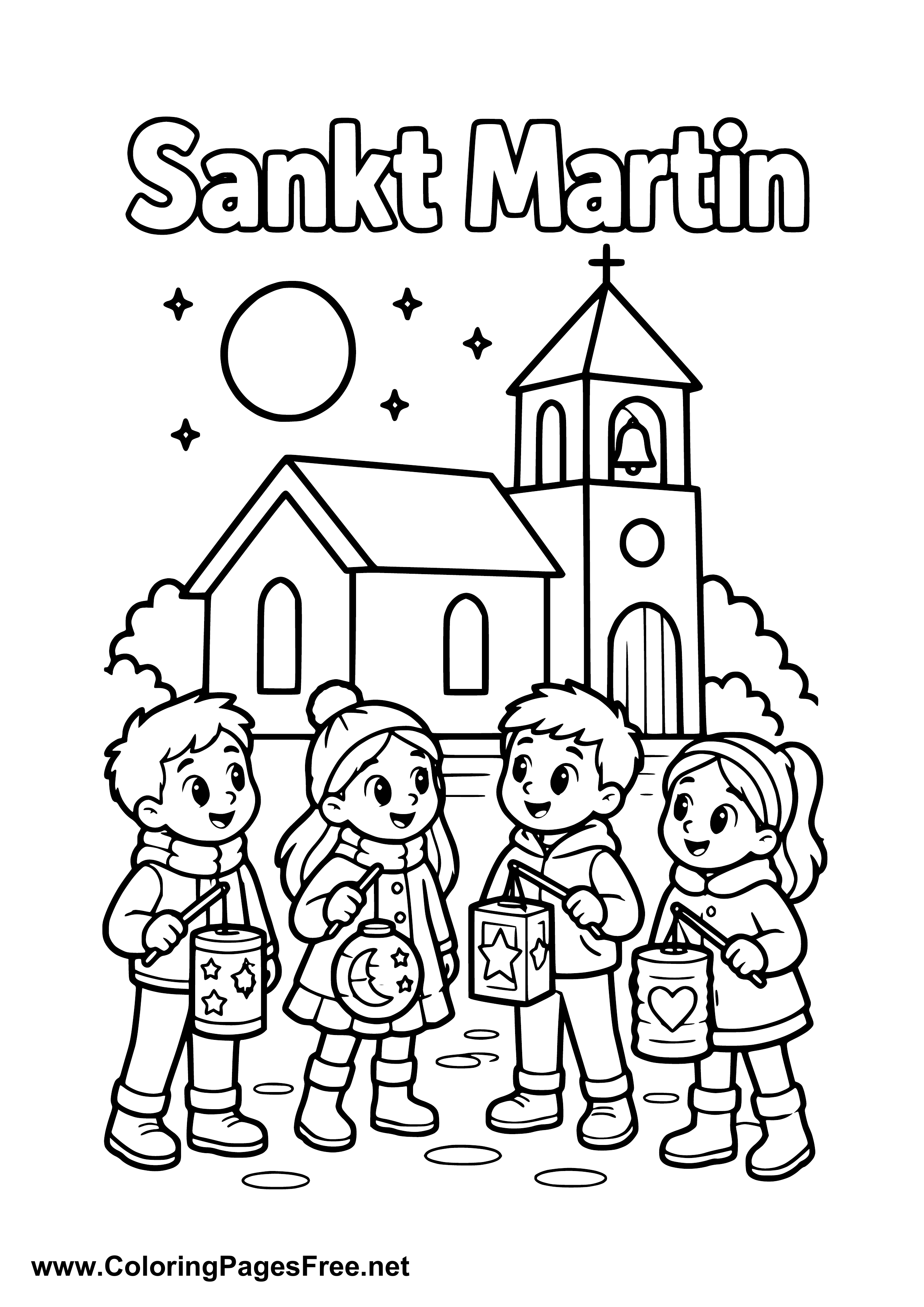 Four Children with Lanterns Outside St. Martin's Church for St. Martin's Day Colouring Page