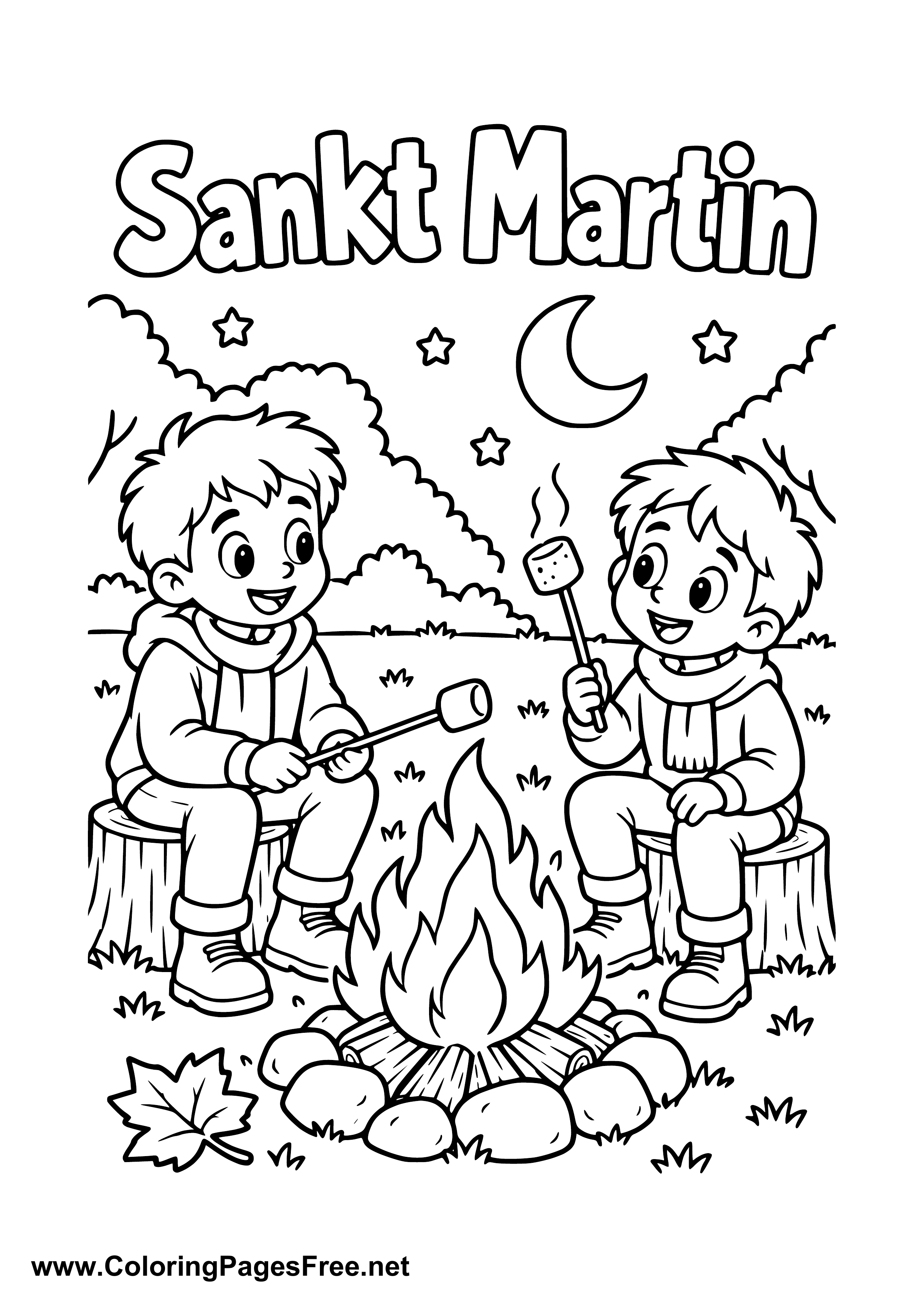 Kids Roasting Marshmallows by a St. Martin's Day Fire Colouring Sheet