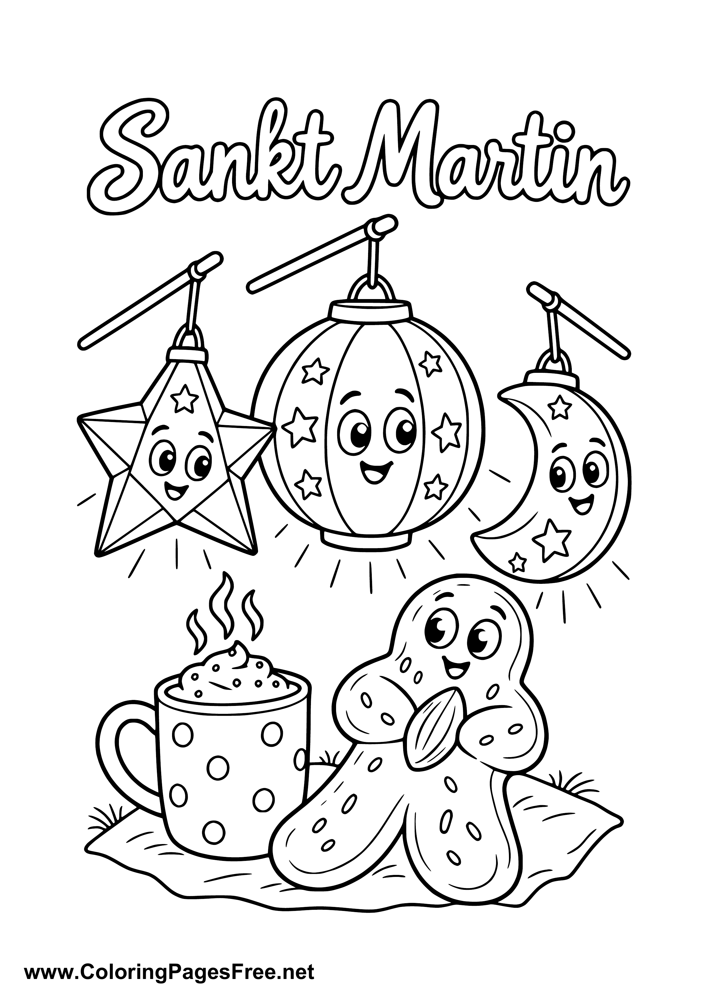 Lanterns Pretzel and Weckmann Bread for St. Martin's Day Colouring Page