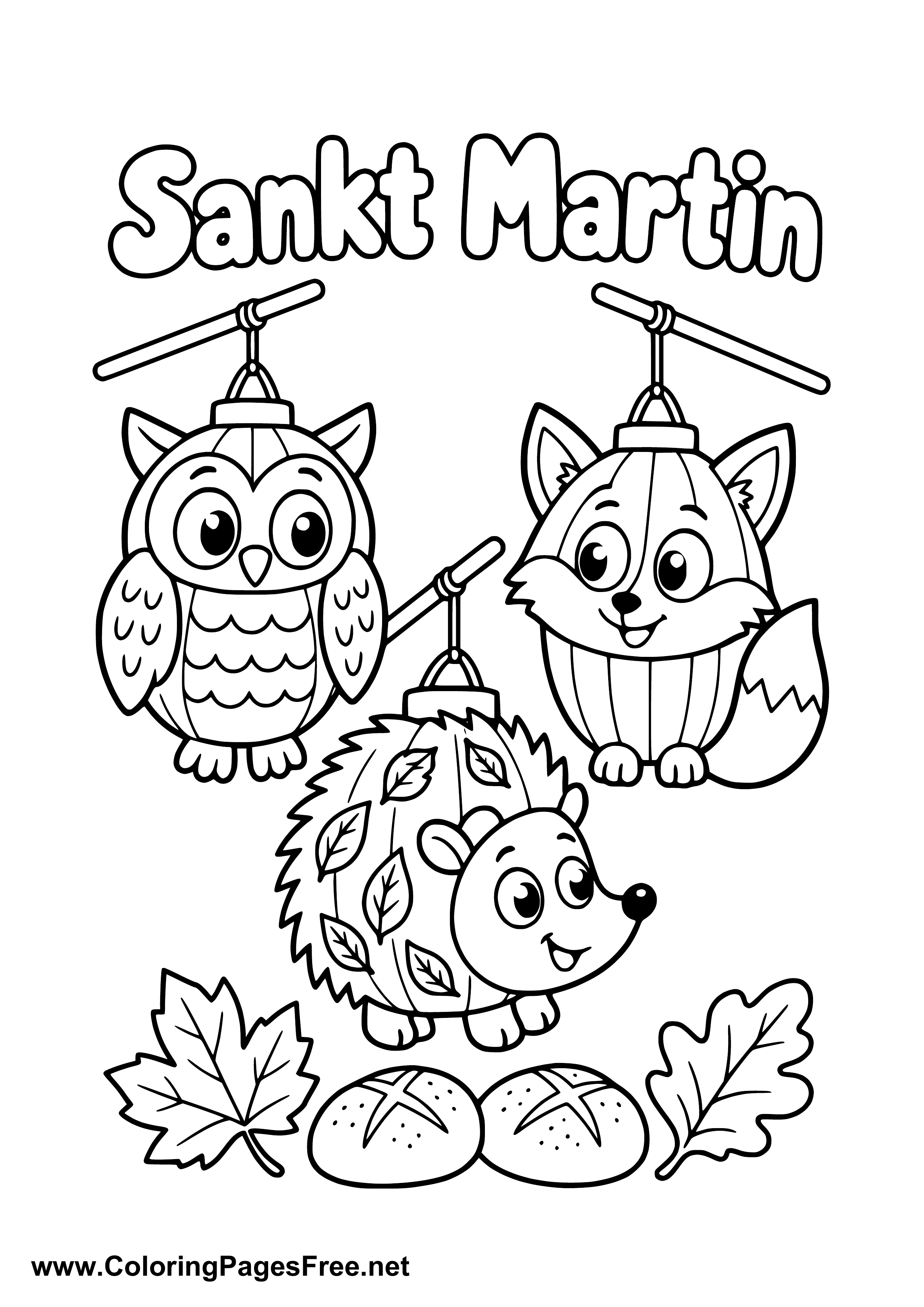 Owl Fox and Hedgehog Lanterns for St. Martin's Day Colouring Sheet