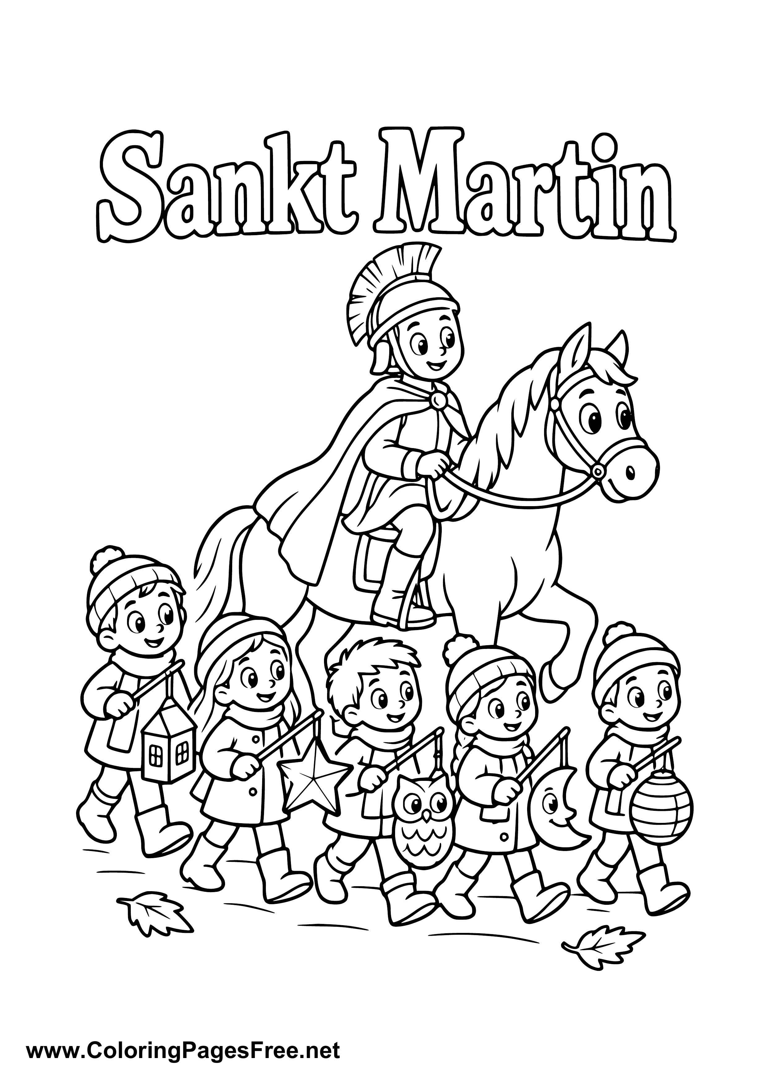 St. Martin Riding Ahead of a Children's Lantern Parade for St. Martin's Day Colouring Sheet
