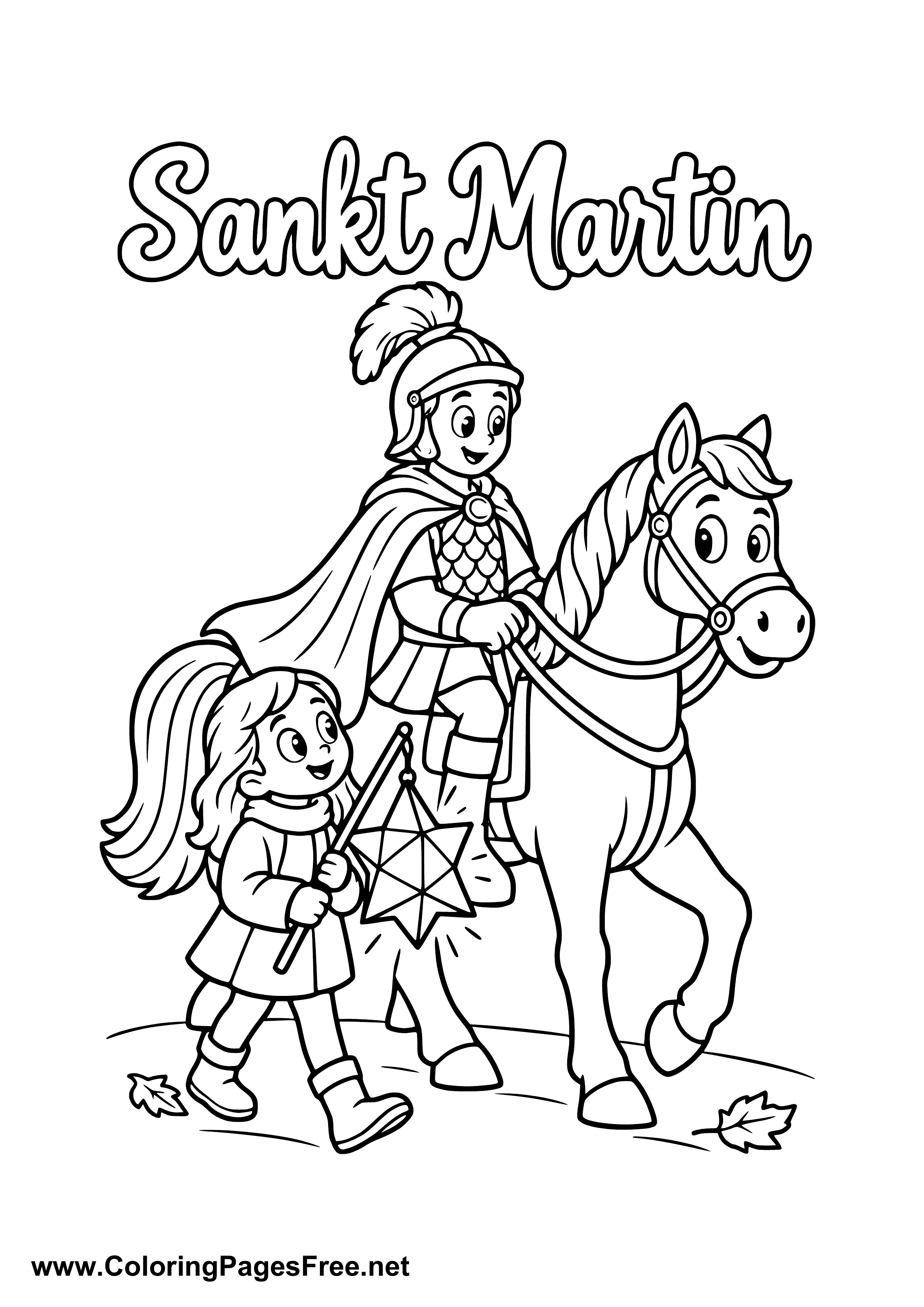 St. Martin Riding with a Girl Holding a Star Lantern for St. Martin's Day Colouring Page