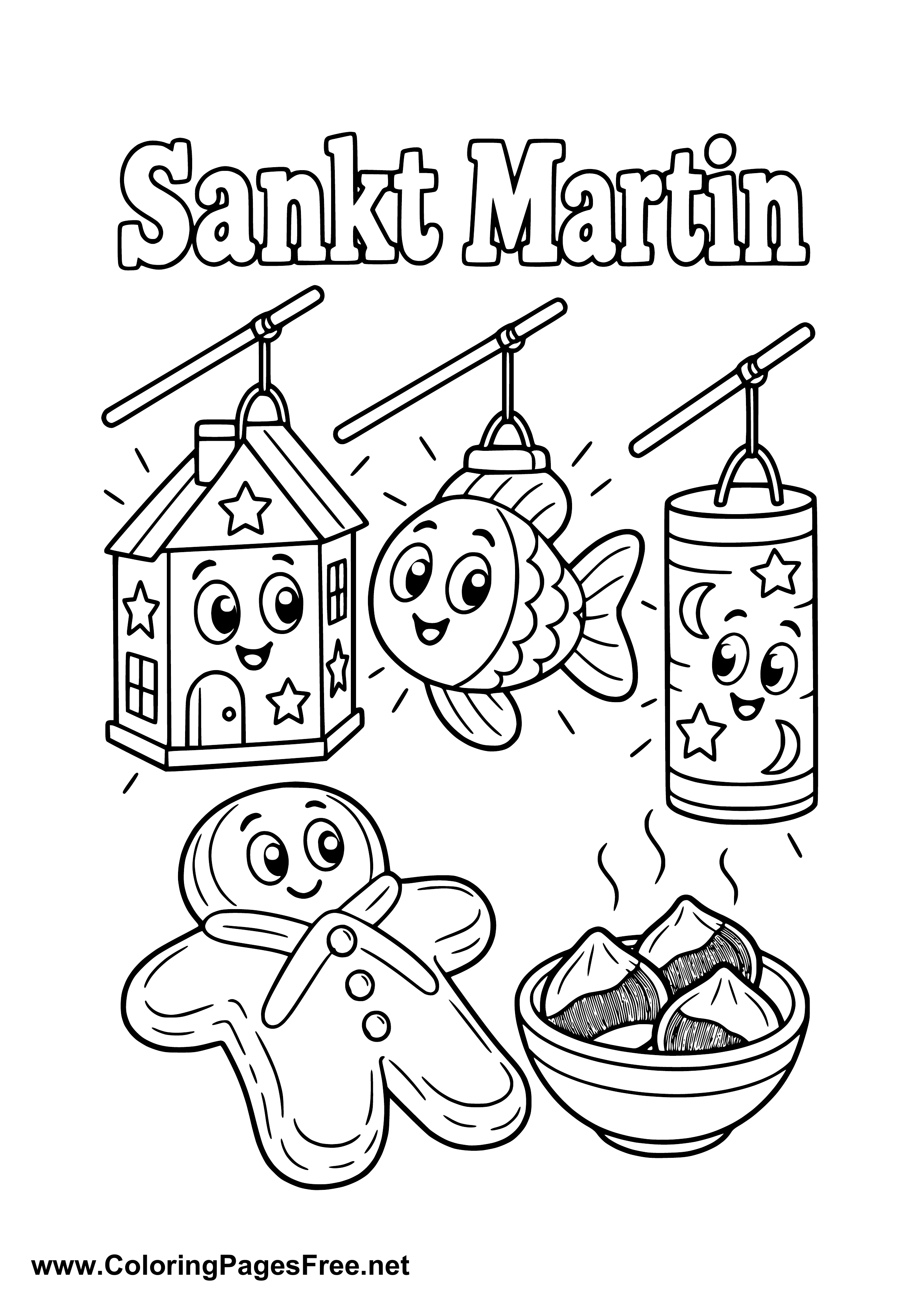St. Martin's Day Lanterns Gingerbread Man and Chestnuts Colouring Page